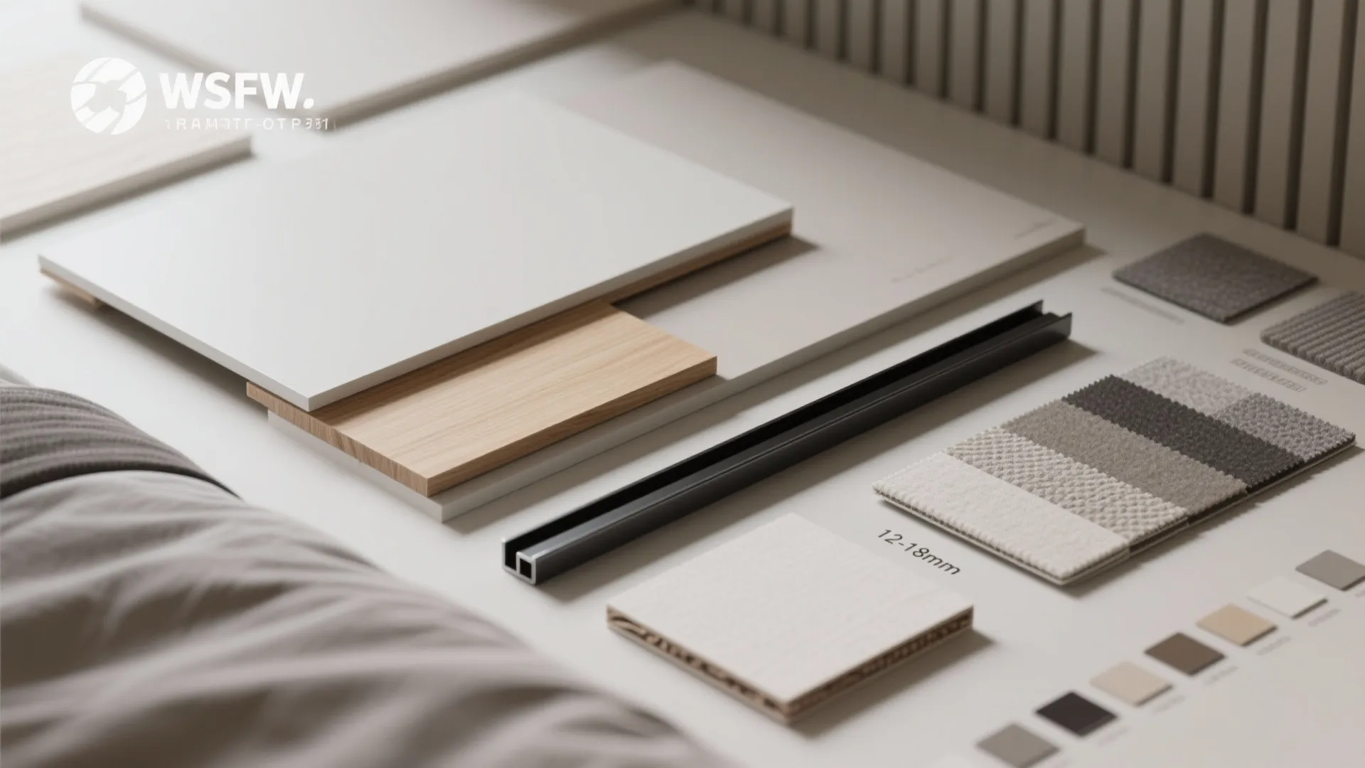 Interior design material flat lay with wood panels white boards fabric swatches and black metal trim