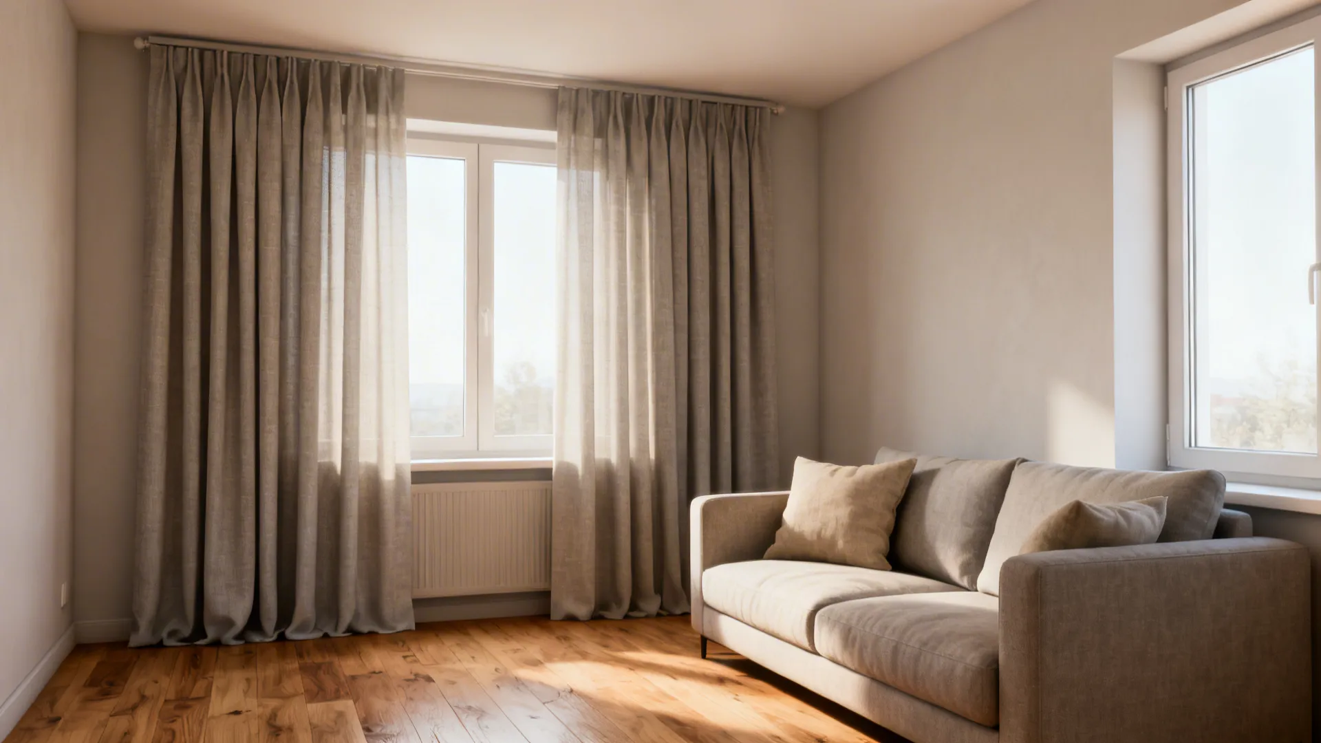Small living room with floor-length panels stacked off the glass to maximize window area