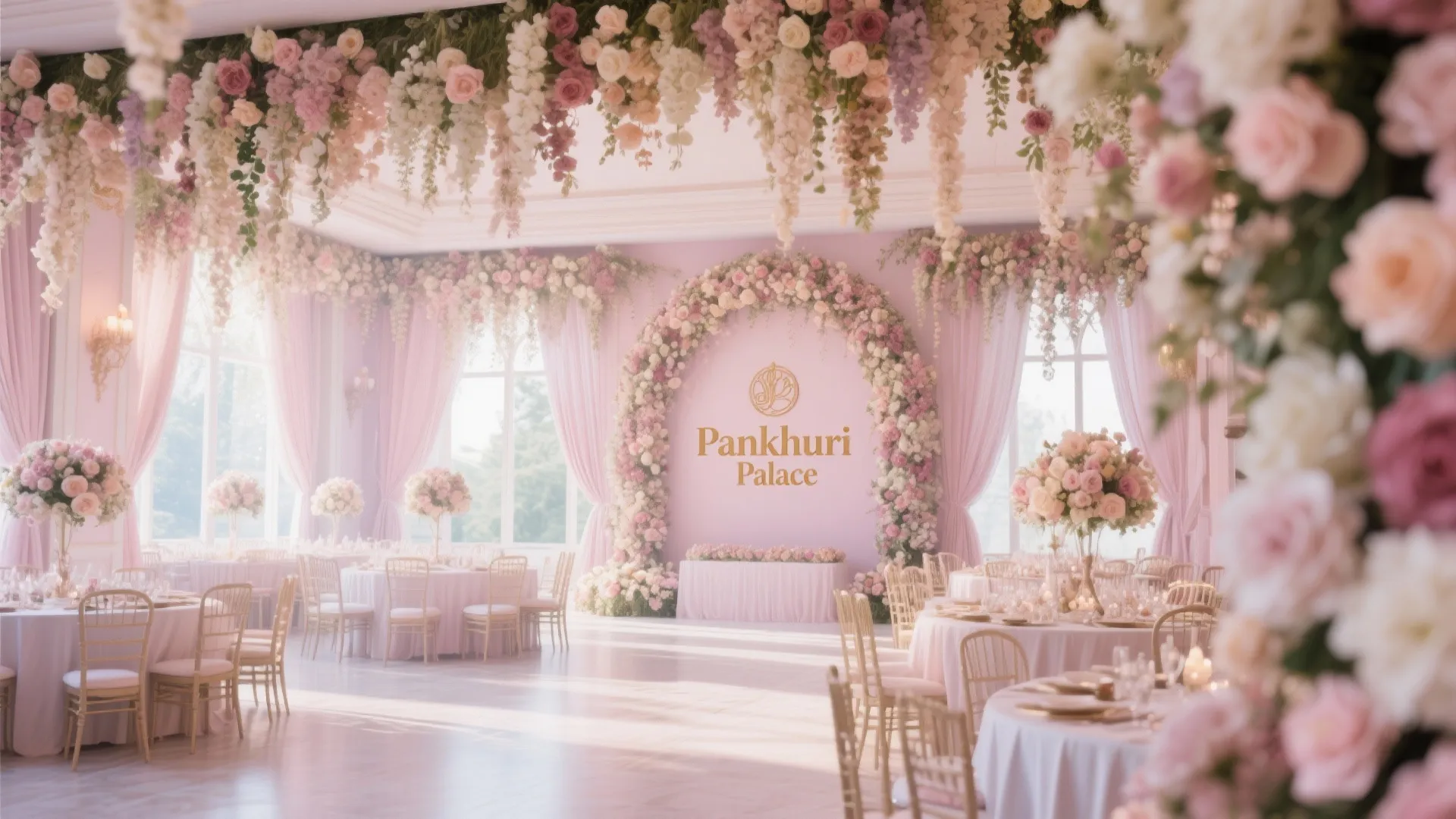 Romantic floral themed Indian banquet hall with delicate arrangements