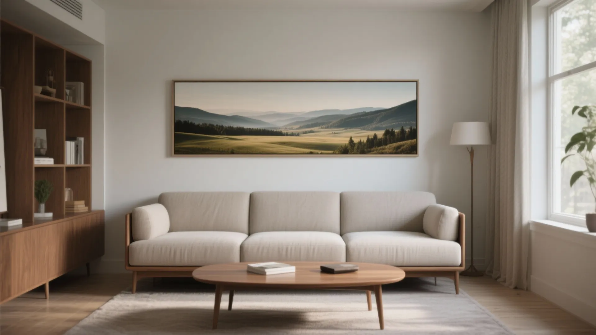 Minimalist living room with a wide landscape wall painting above a beige sofa and table