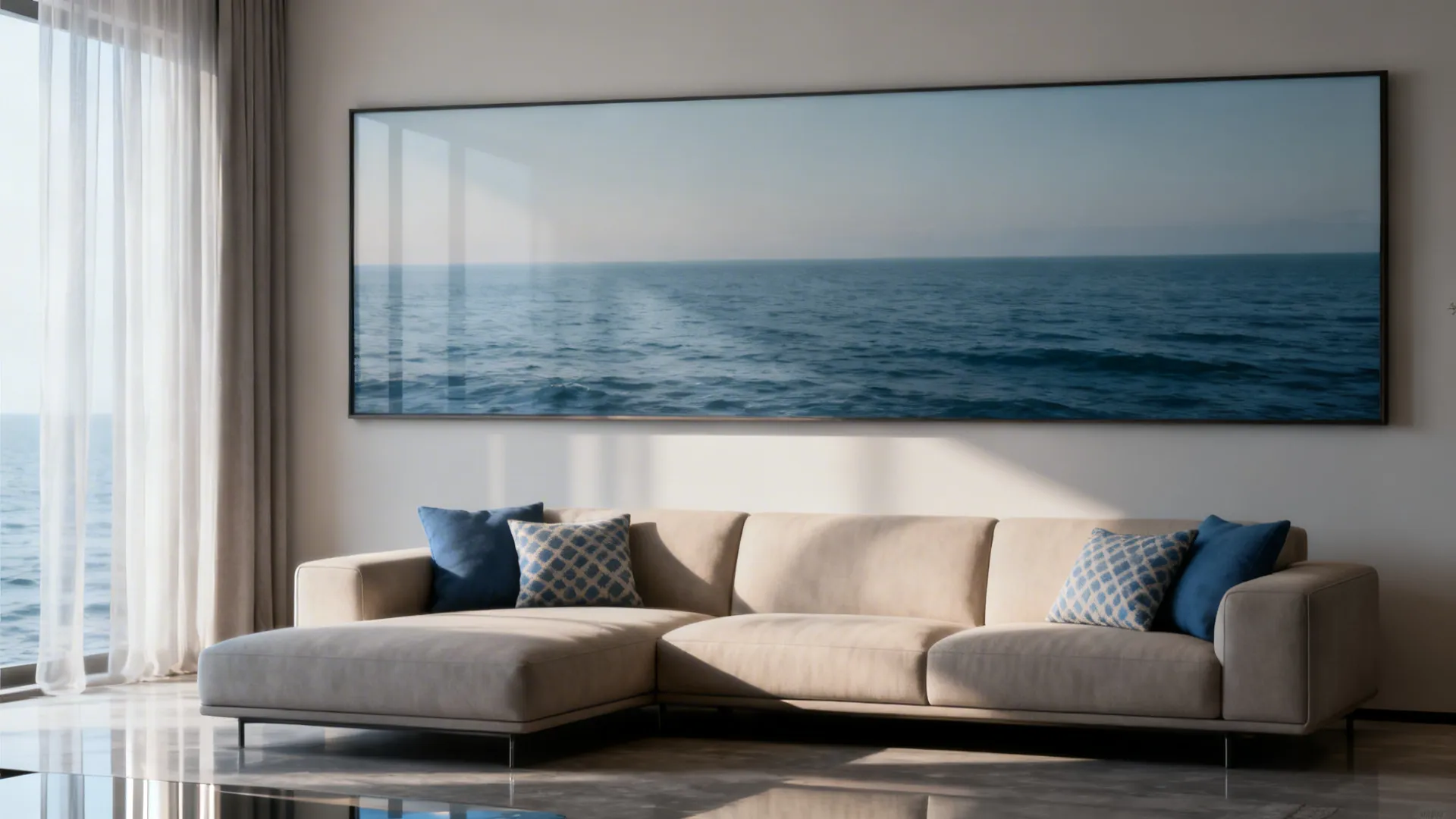 Neutral living room with a muted panoramic seascape above the sofa creating horizontal visual expansion.