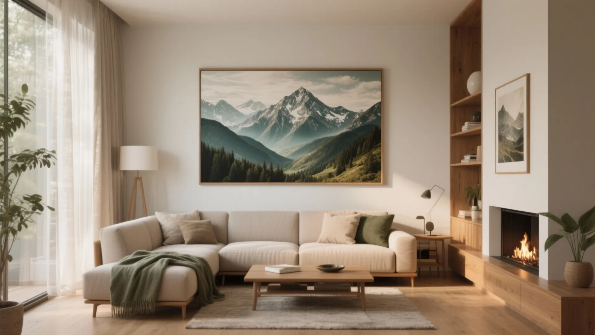 Modern living room featuring large mountain wall art above beige sofa with wooden coffee table