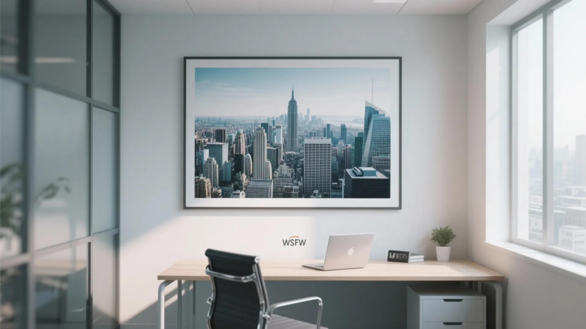 Modern office workspace featuring wooden desk with laptop and a large cityscape picture on wall
