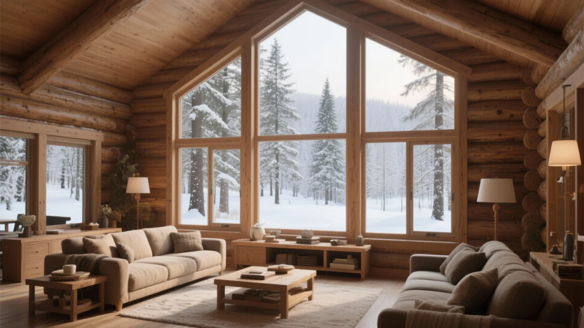 Large windows in a log cabin living room looking out at a snowy winter forest