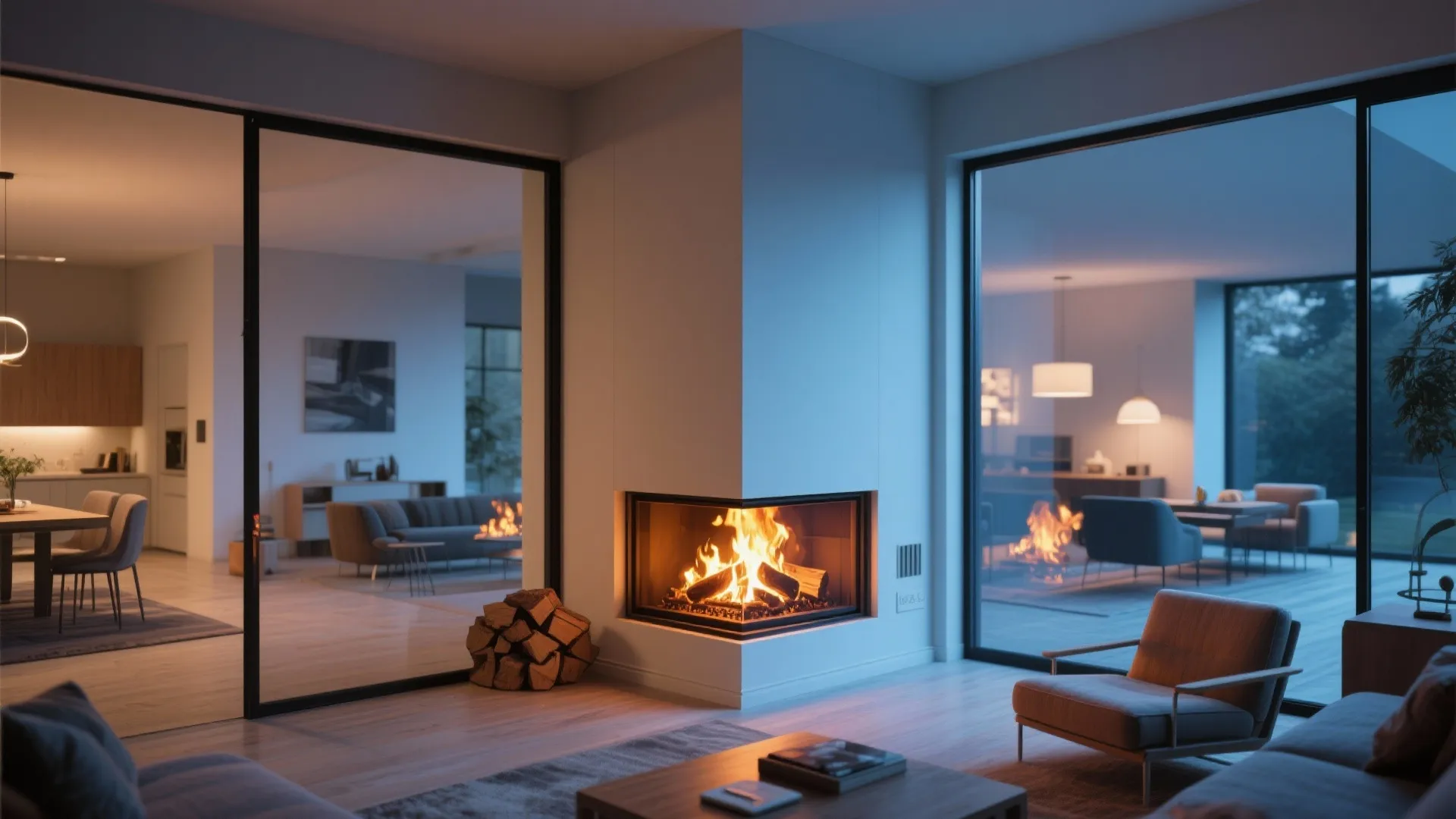 Modern living room featuring a corner fireplace with burning wood and large glass floor windows