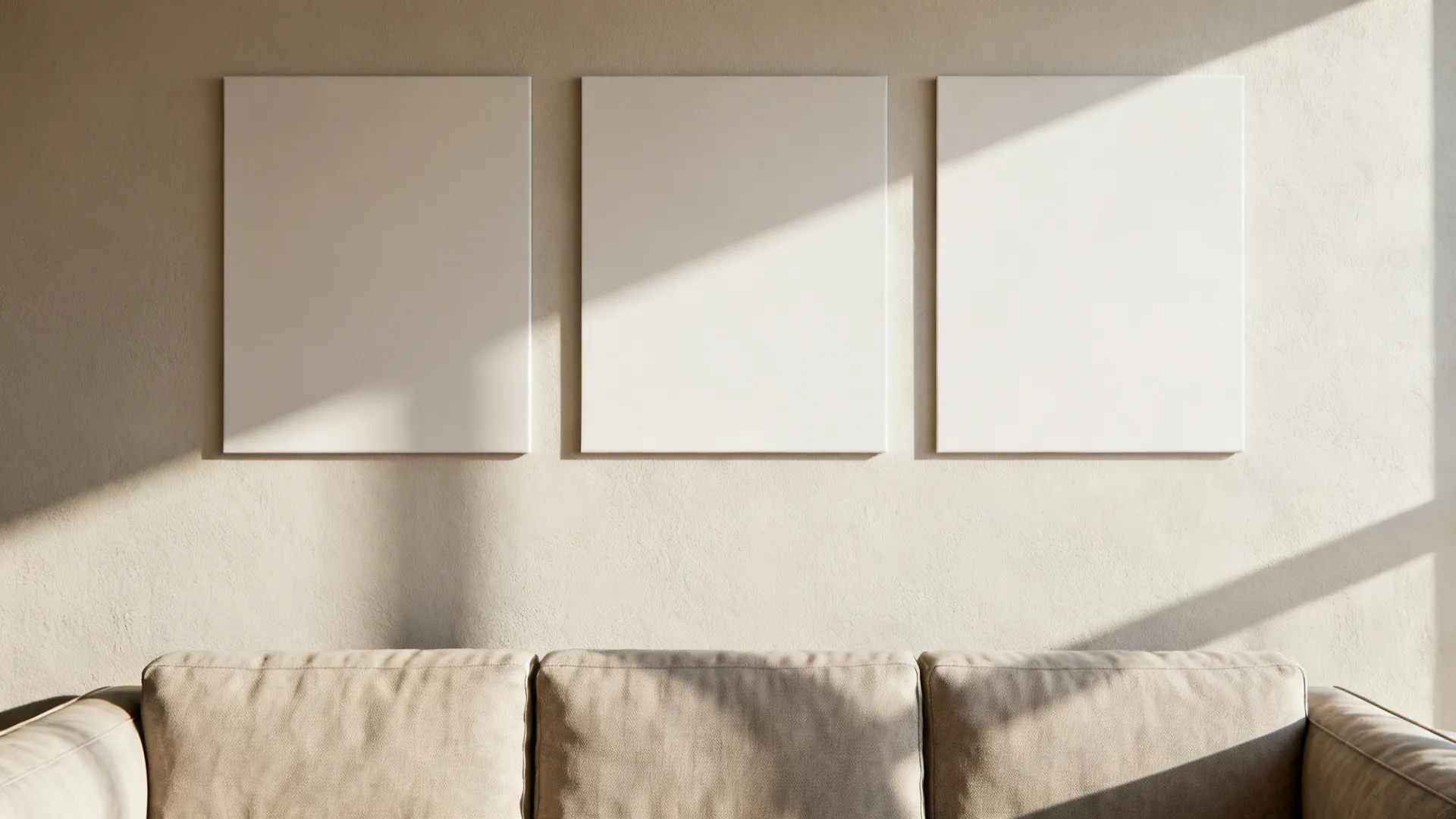 Three slim panels arranged horizontally above a sofa creating a panoramic focal point with a paper template still on the wall.