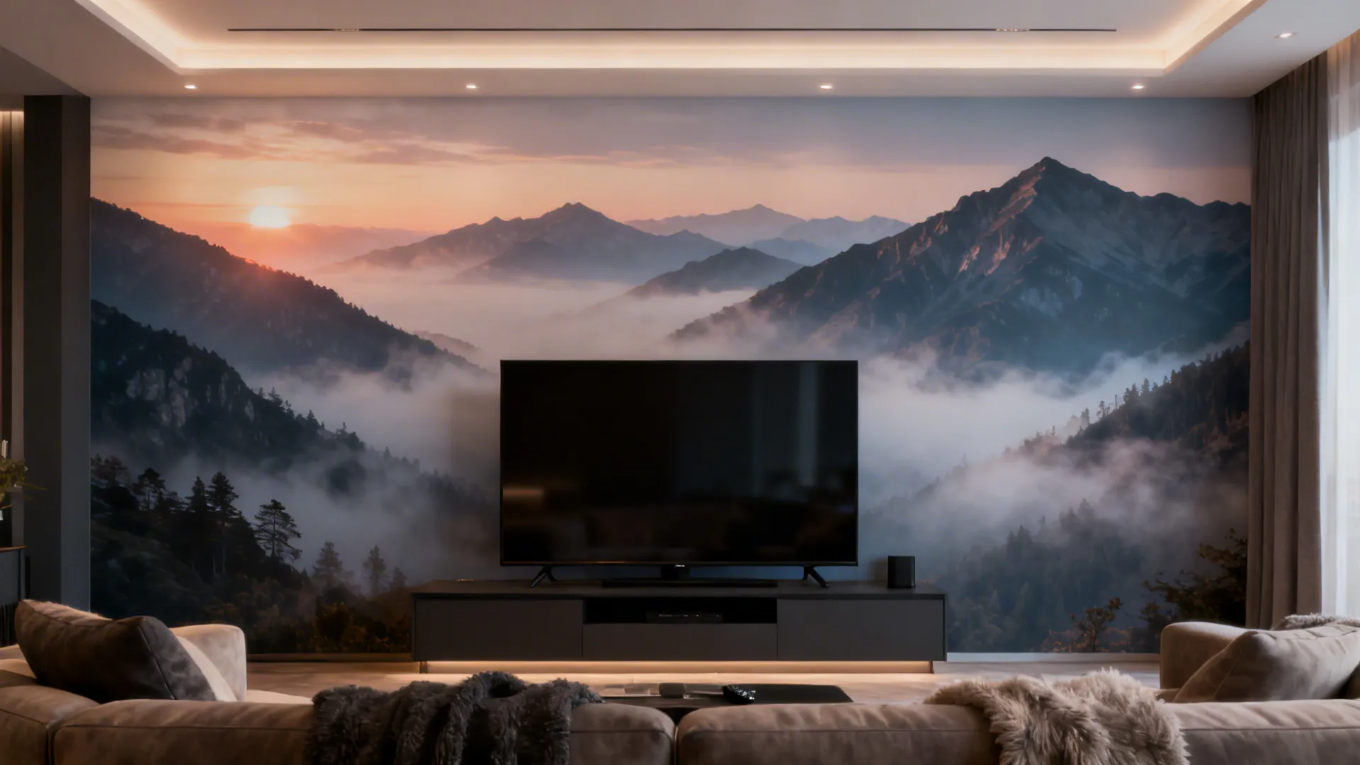 Living room media wall with a seamless panoramic mountain mural creating a restful focal point.