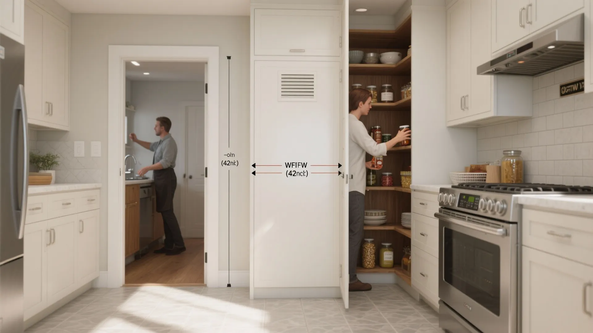 Interior design drawing showing kitchen aisle width measurements with people using pantry and stove areas