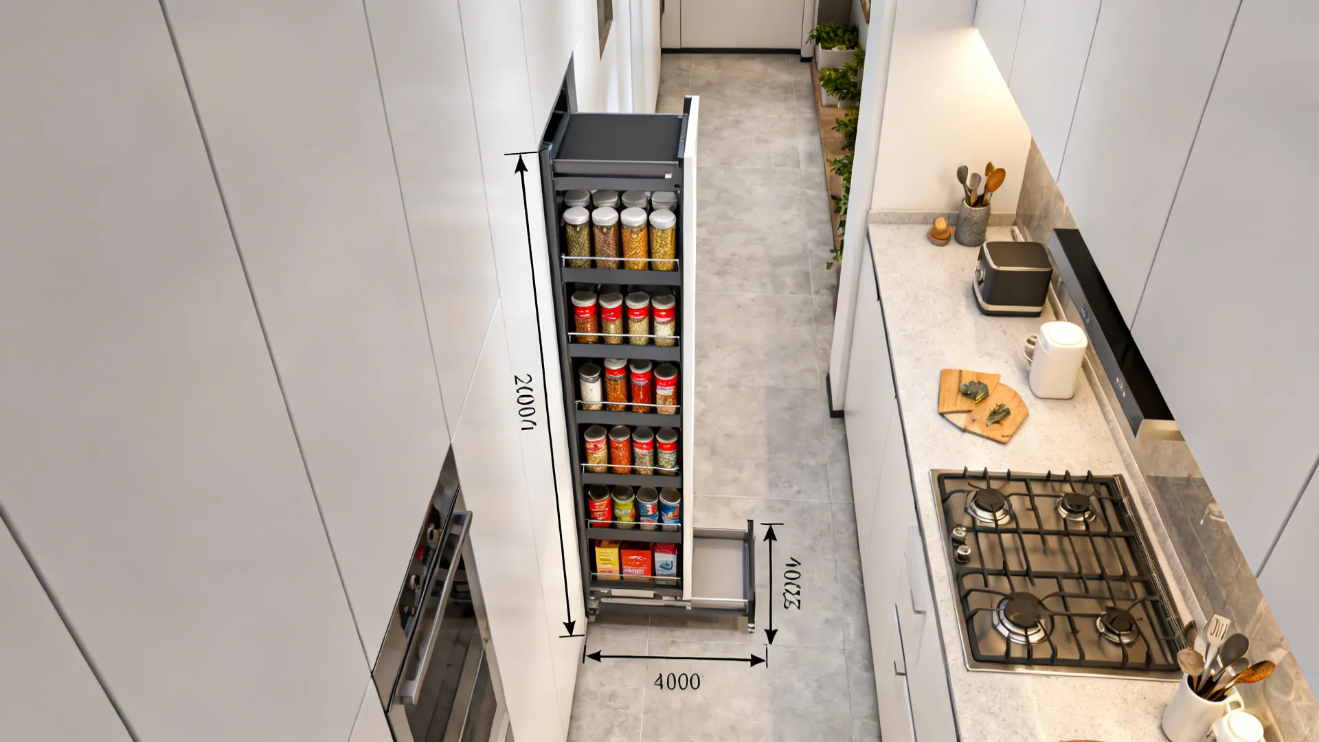 Top-down view of a galley kitchen showing a tall pull-out pantry extended with clear aisle space.