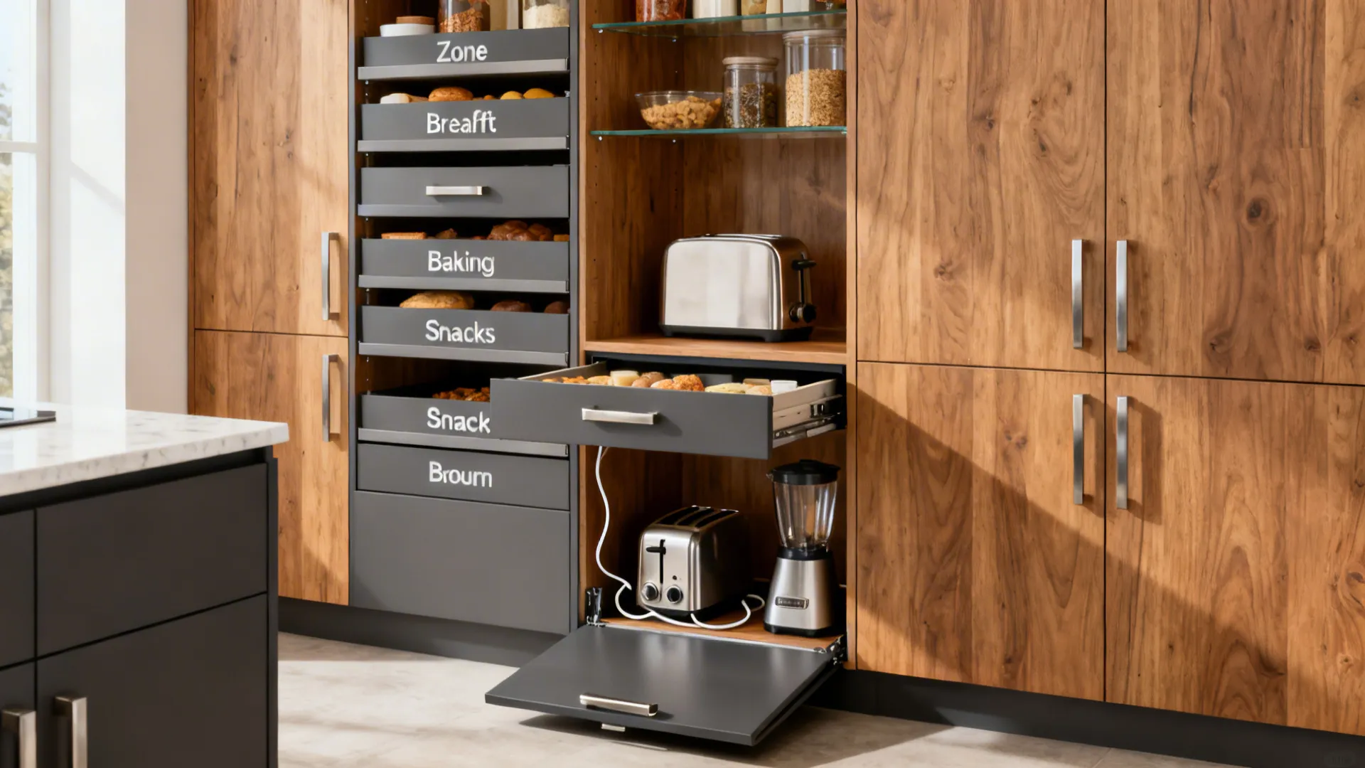 Tall pantry with roll-out trays and a lift-up appliance garage keeping gadgets hidden in a modern kitchen.
