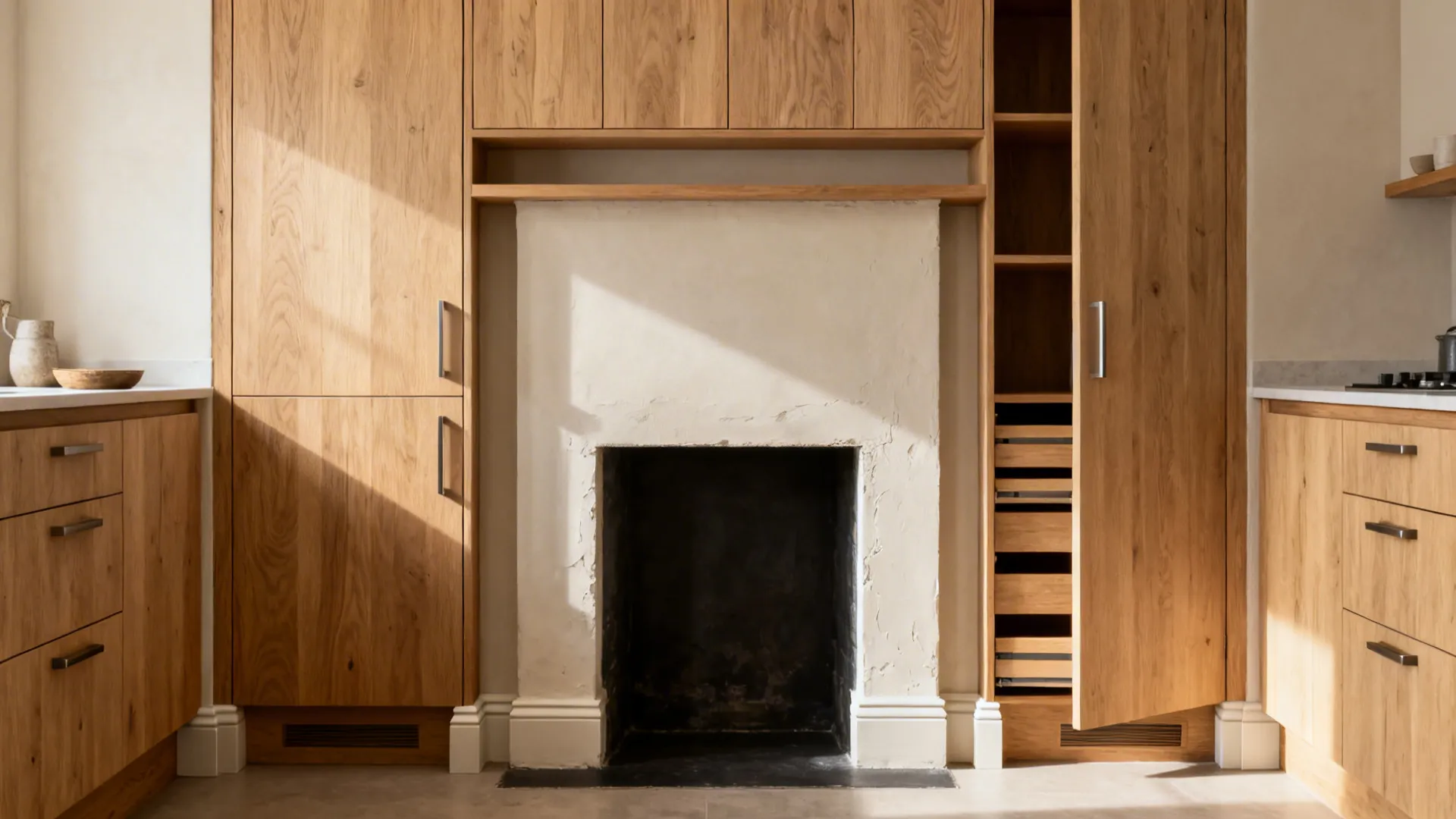 Shallow floor-to-ceiling pantry towers frame a chimney breast in a small galley kitchen.