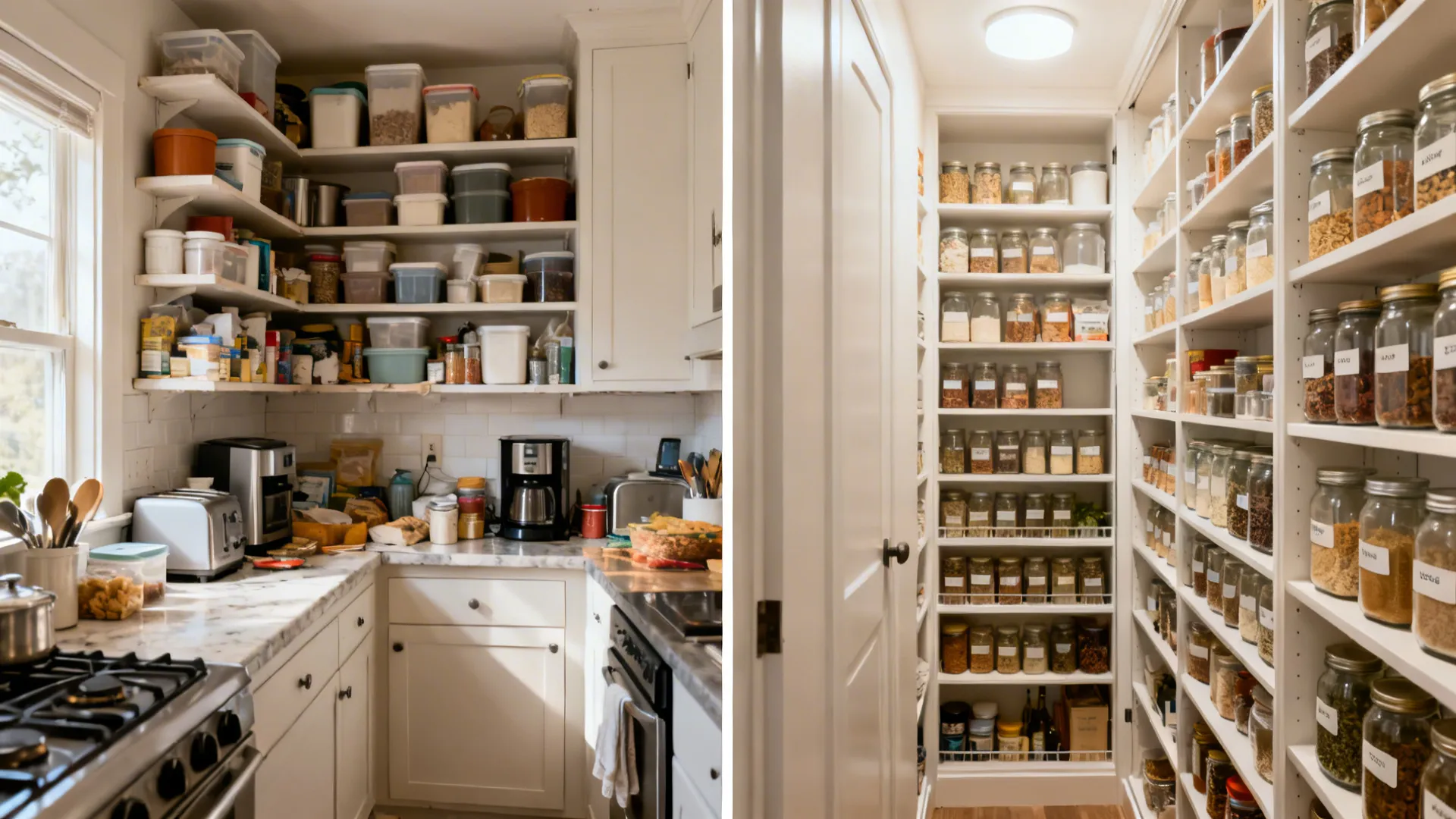 Before and after comparison of messy kitchen corner and well organized walk in storage pantry