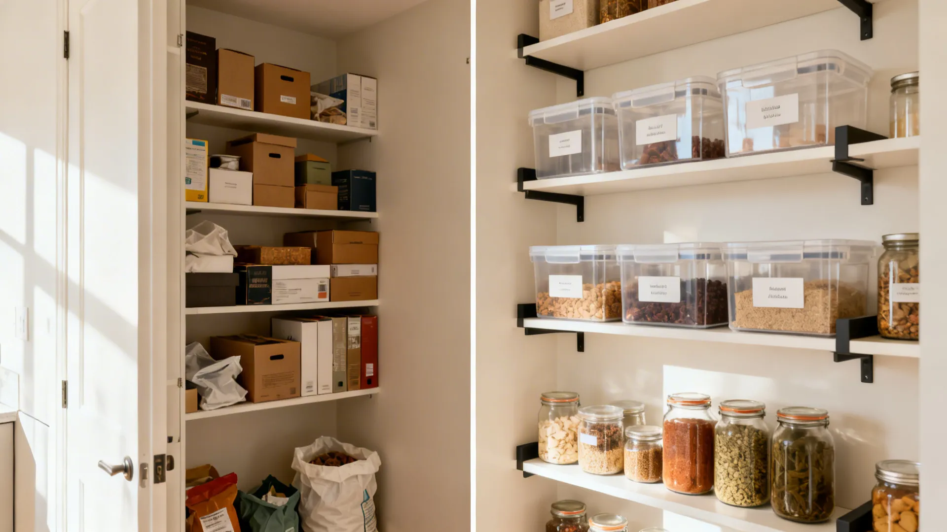 Before-and-after of a pantry wall transforming from cluttered boxes to clear labeled bins on adjustable shelves.
