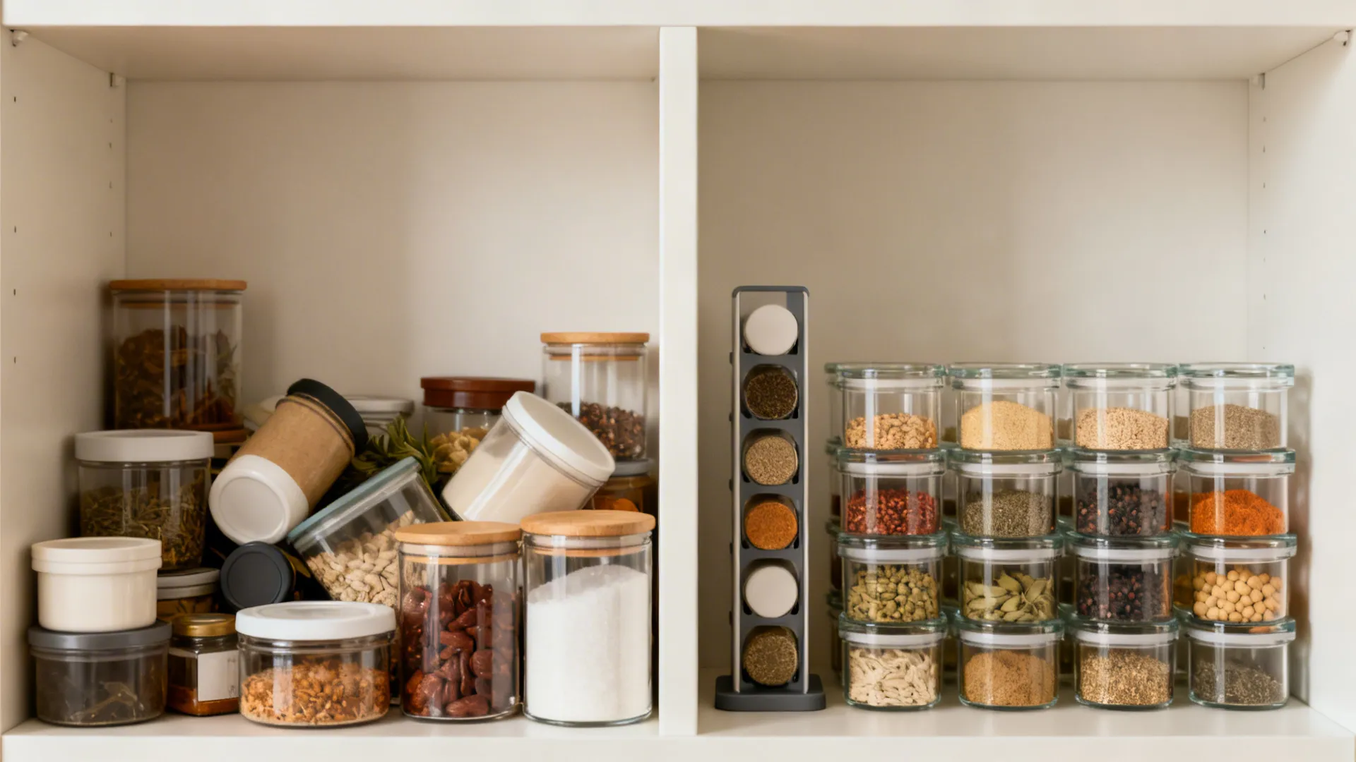 Split view showing a cluttered pantry shelf before and a tidy shelf with glass canisters after.