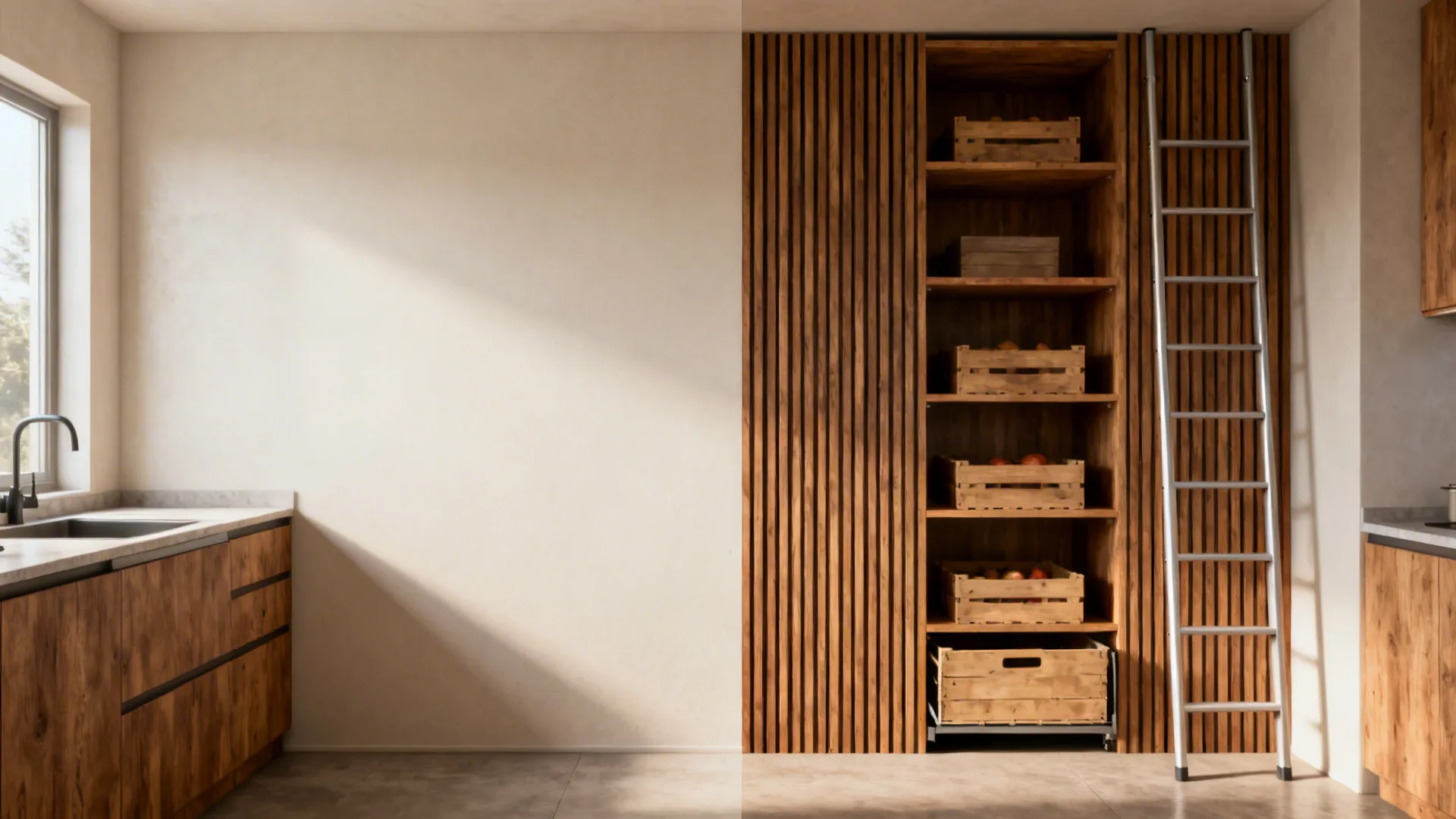 Split view of a blank kitchen wall and the same wall with a floor-to-ceiling wooden pantry rack.