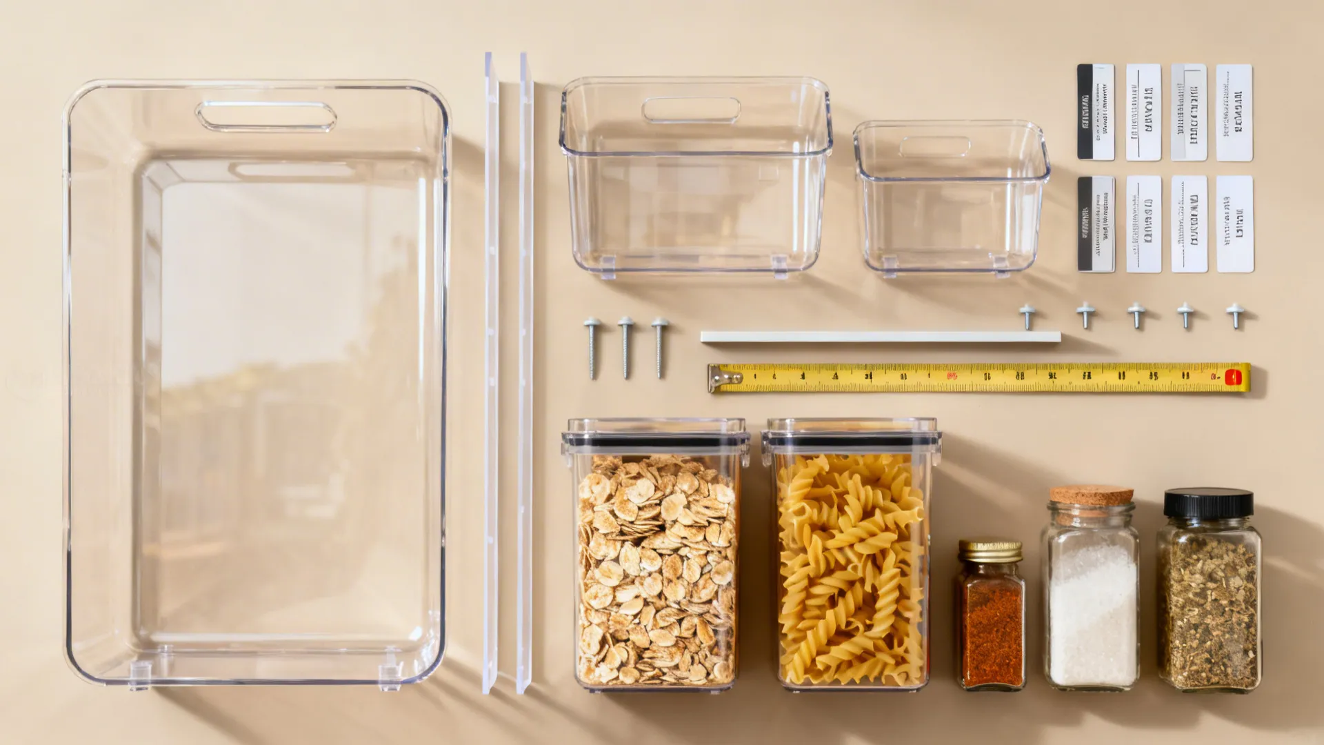 Flat lay of clear bins, dividers, labels, shelf pins, and sample pantry jars arranged neatly.