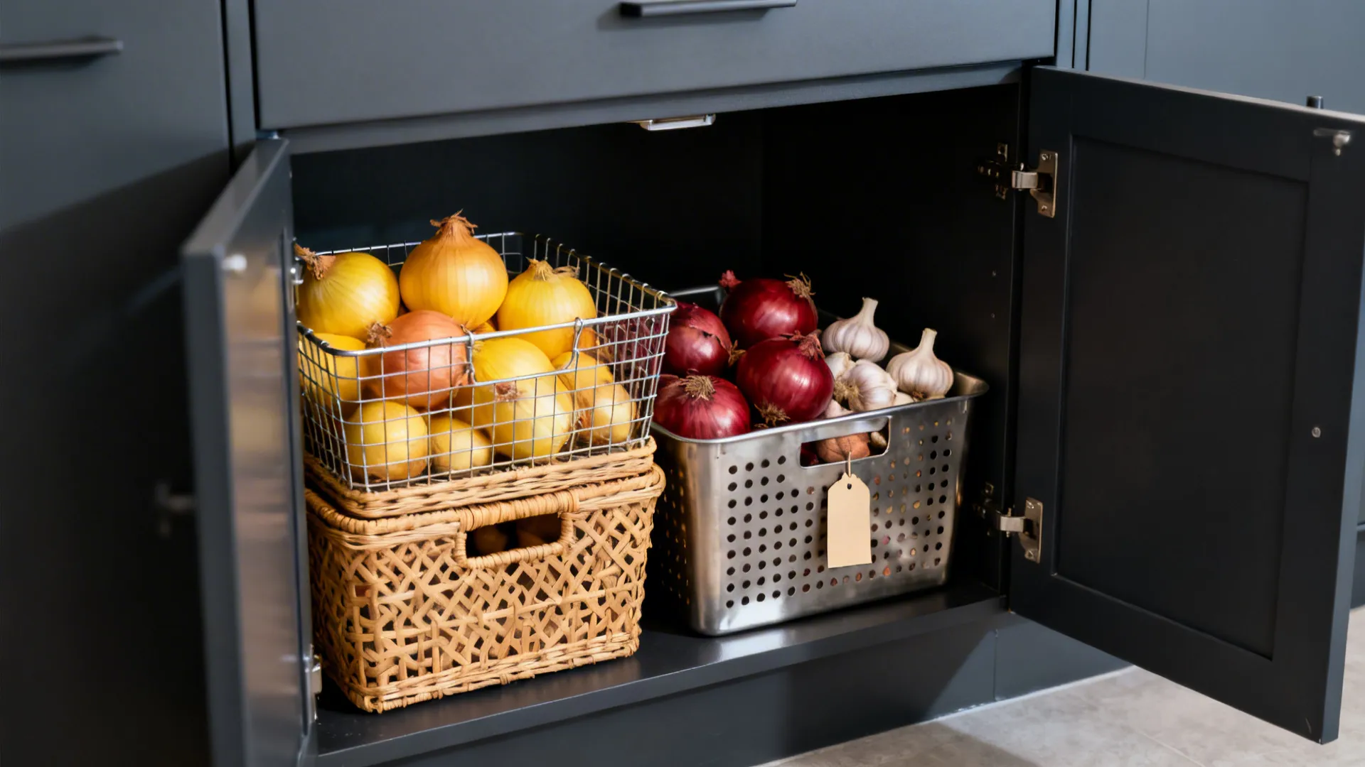 Open lower cabinet shows breathable mesh and perforated bins storing onions, shallots, and garlic in a dark, cool zone.
