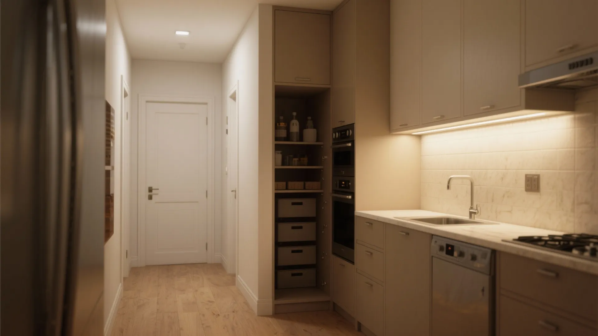 Interior design drawing of a narrow kitchen hallway with tall cabinet, sink, and white door
