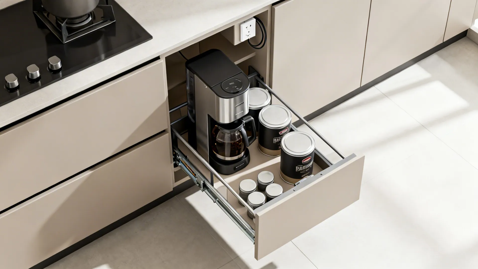Top-down view of a pull-out pantry brewer drawer with hidden power and organized canisters.