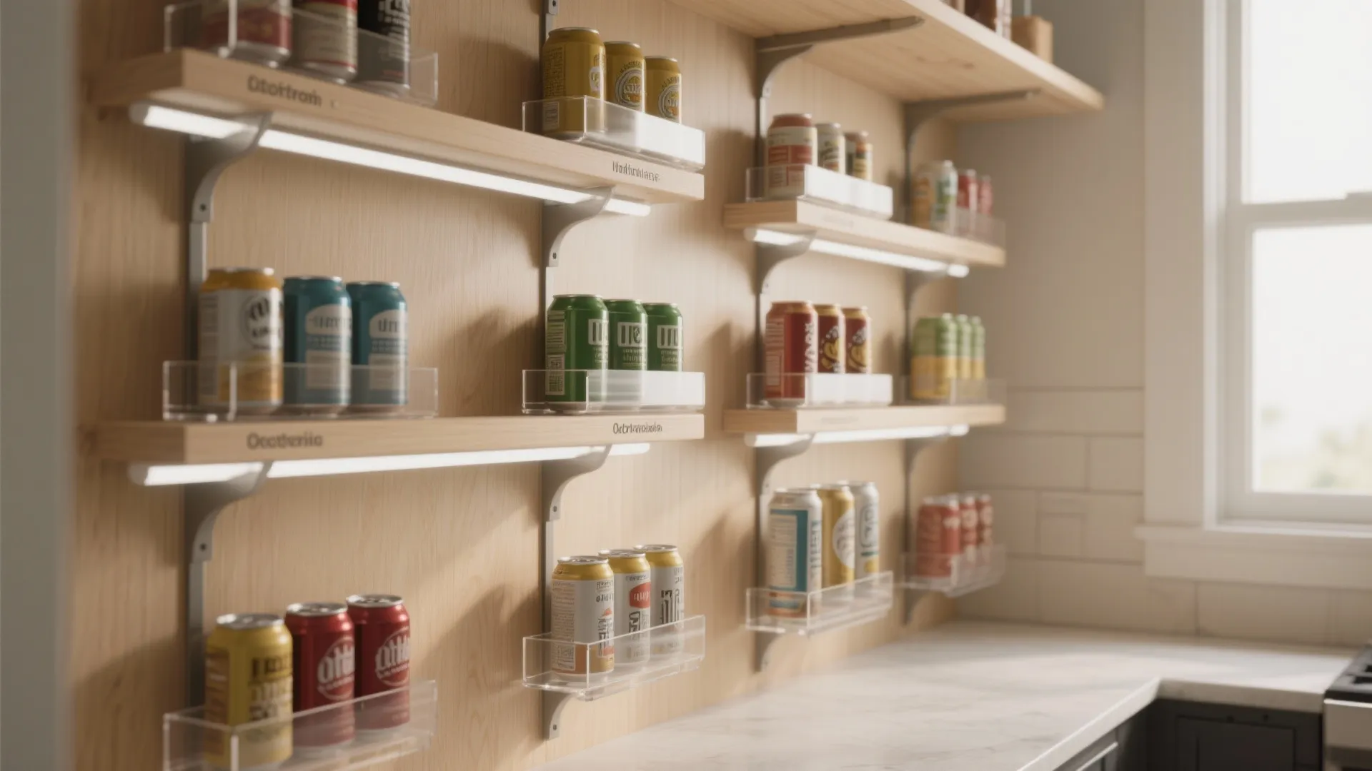 Wooden kitchen wall shelves with lighting holding various beverage cans in clear plastic organizer bins