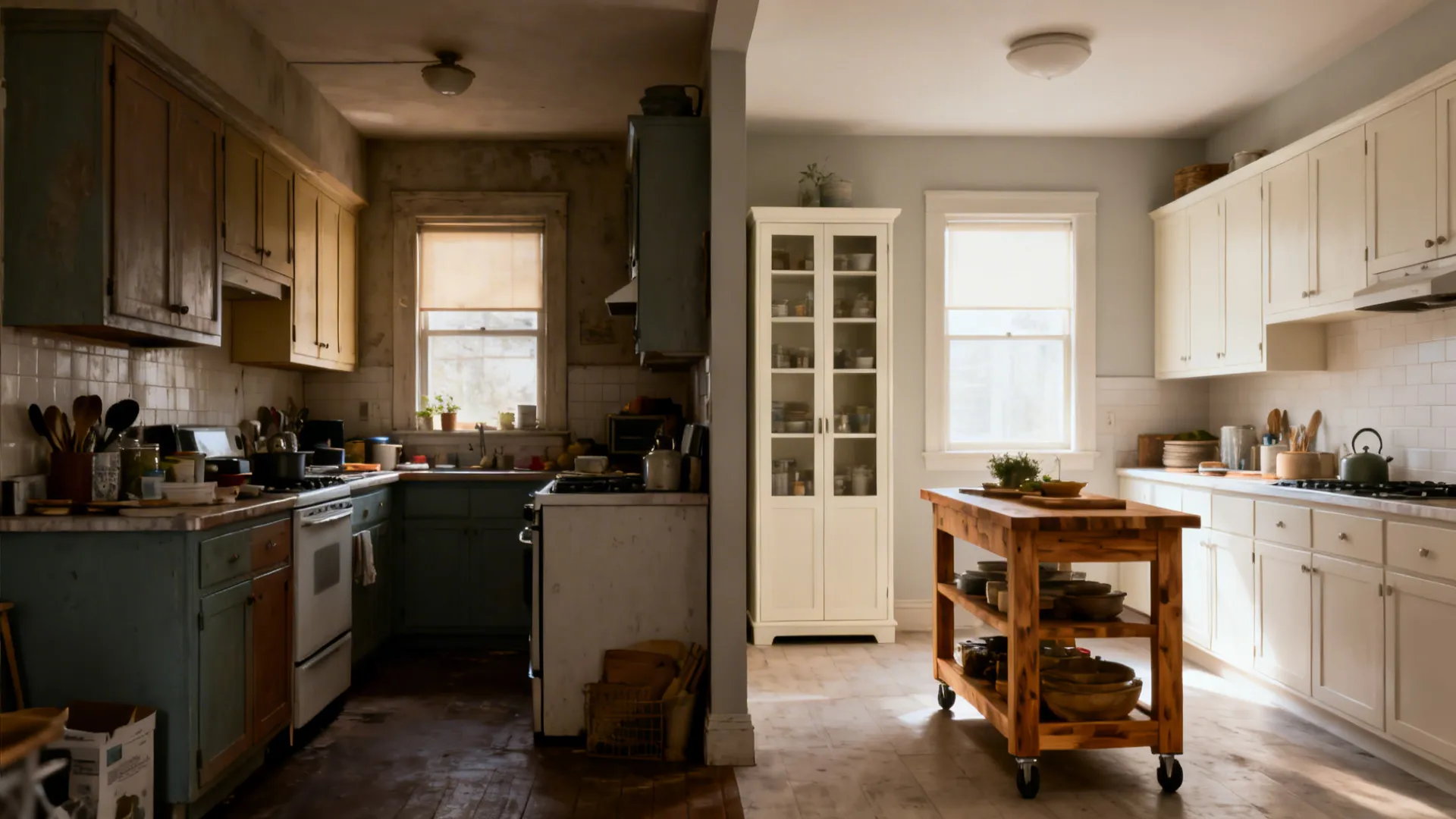 Before and after of a small kitchen changing from crowded uppers to a slim pantry and movable cart.