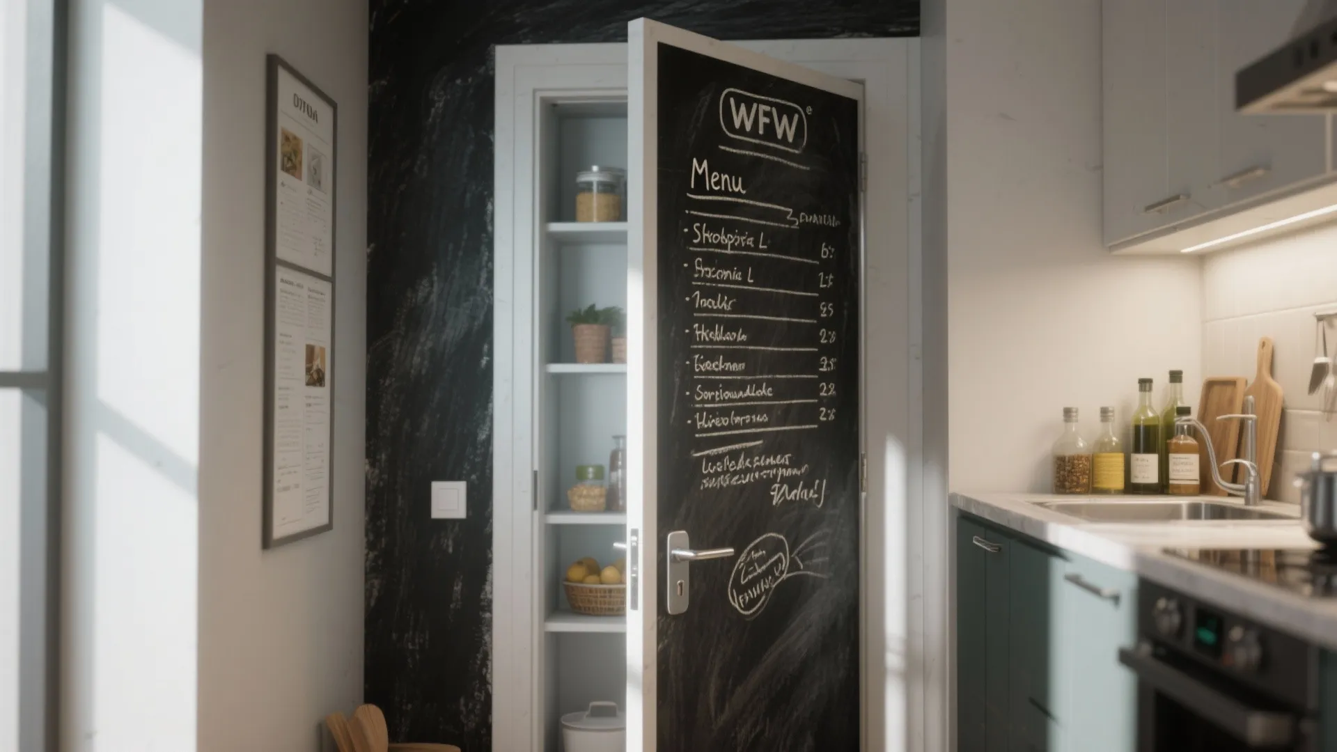 Open pantry door with chalkboard surface showing a written menu next to white storage shelves