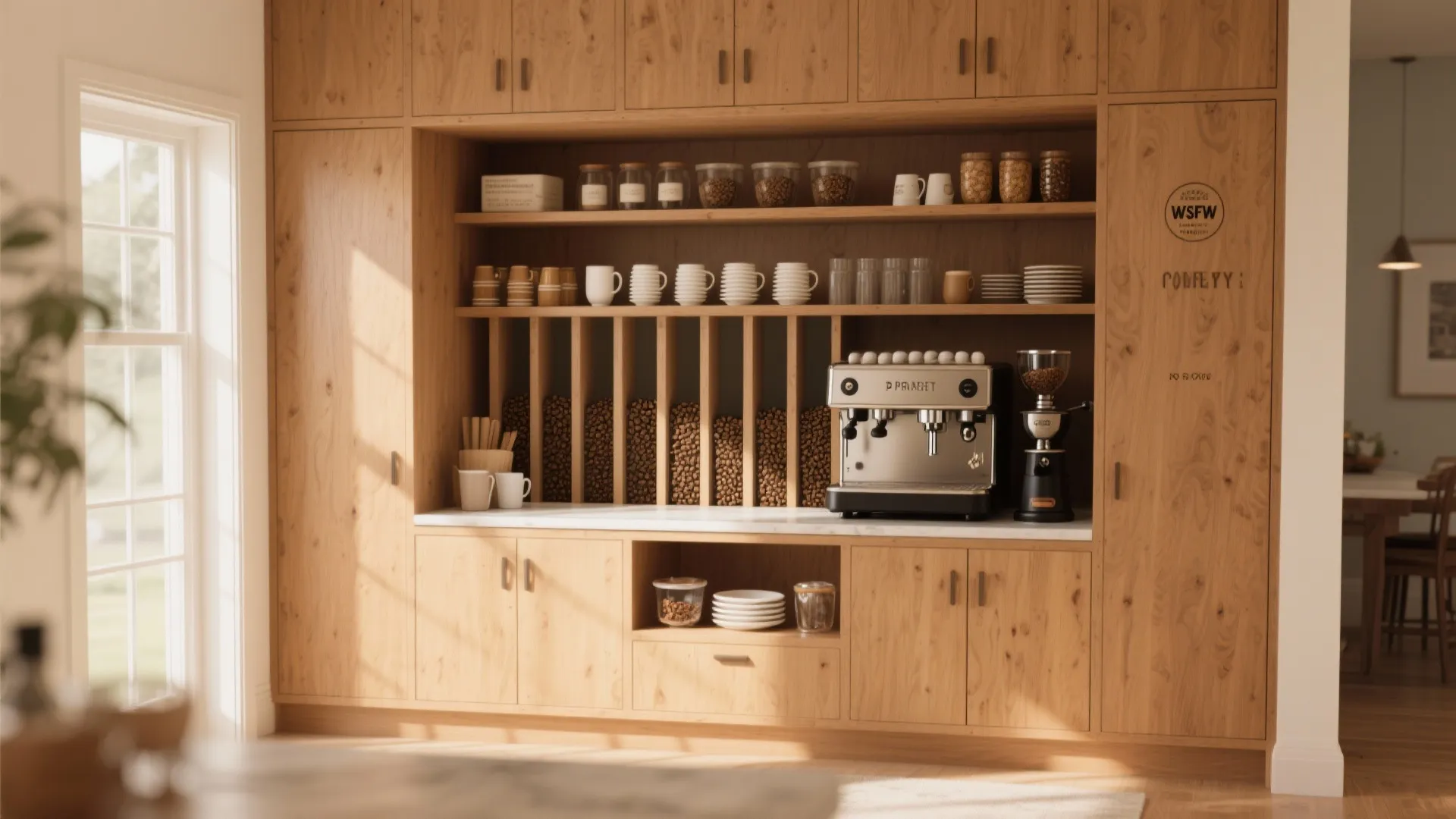 Wooden cabinet coffee bar with espresso machine mugs storage shelves and natural light from large window