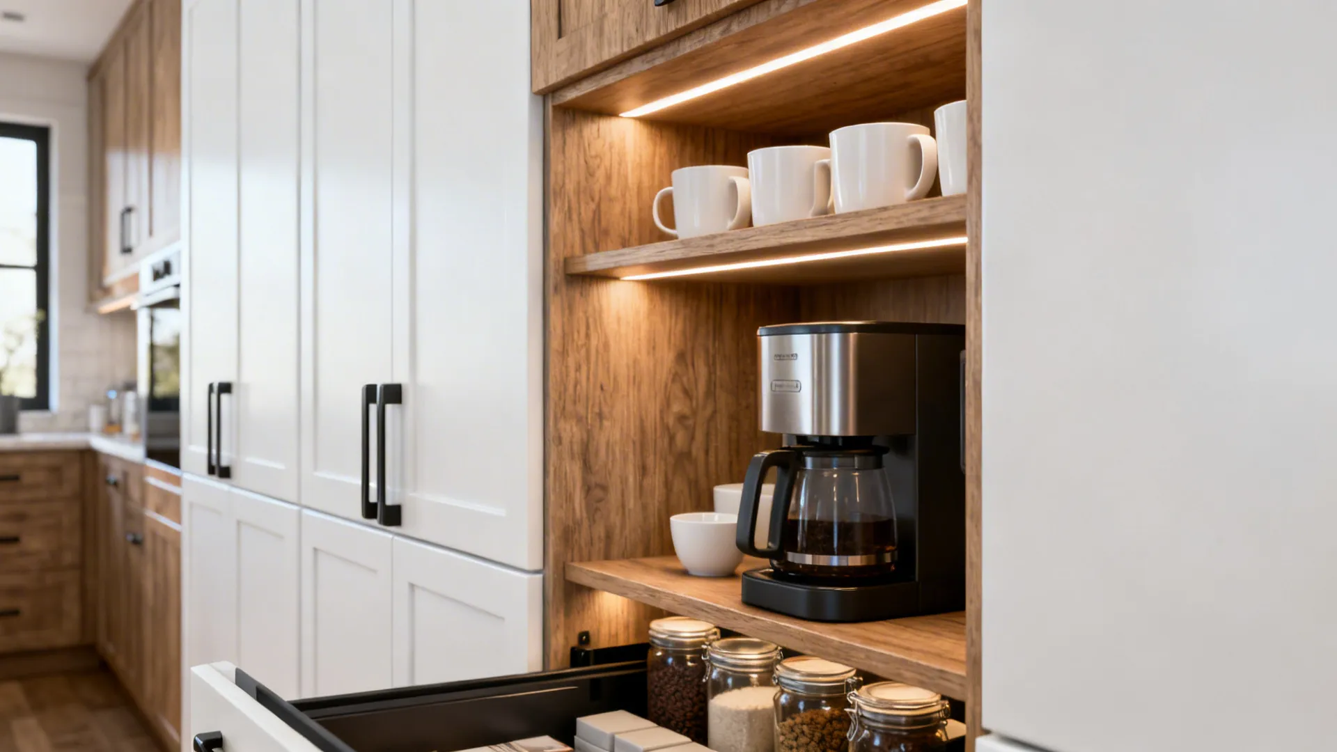 Close-up of tall pantry pull-outs and a built-in coffee station with soft lighting.