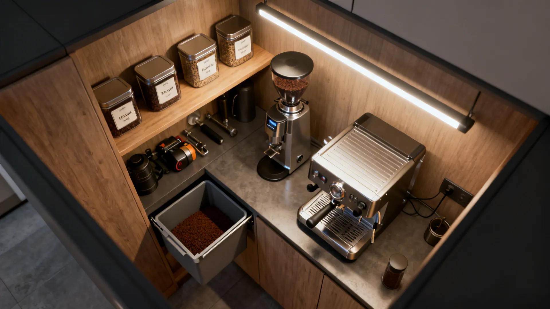 Top-down view of a shallow pantry converted into a compact coffee zone with labeled canisters and pull-out waste bin.