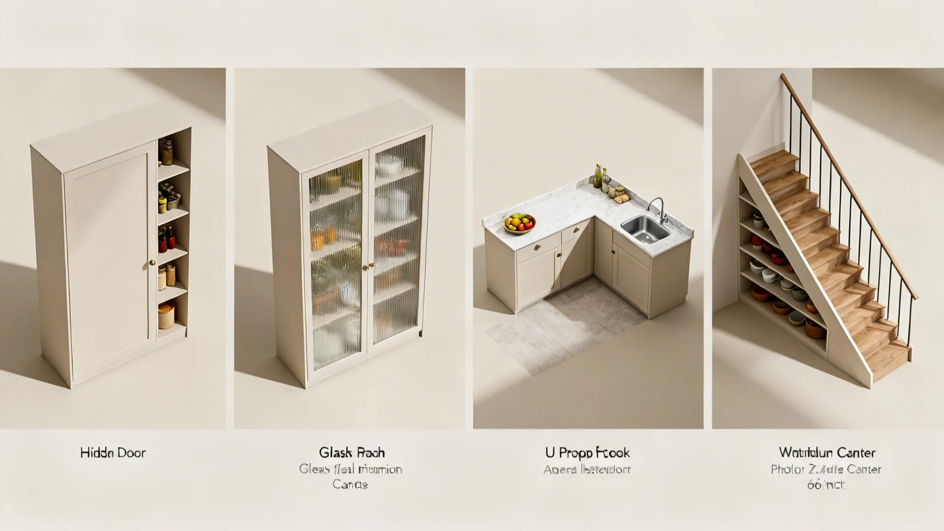 Interior design drawing showing four pantry storage ideas including hidden doors cabinets and under stairs shelves