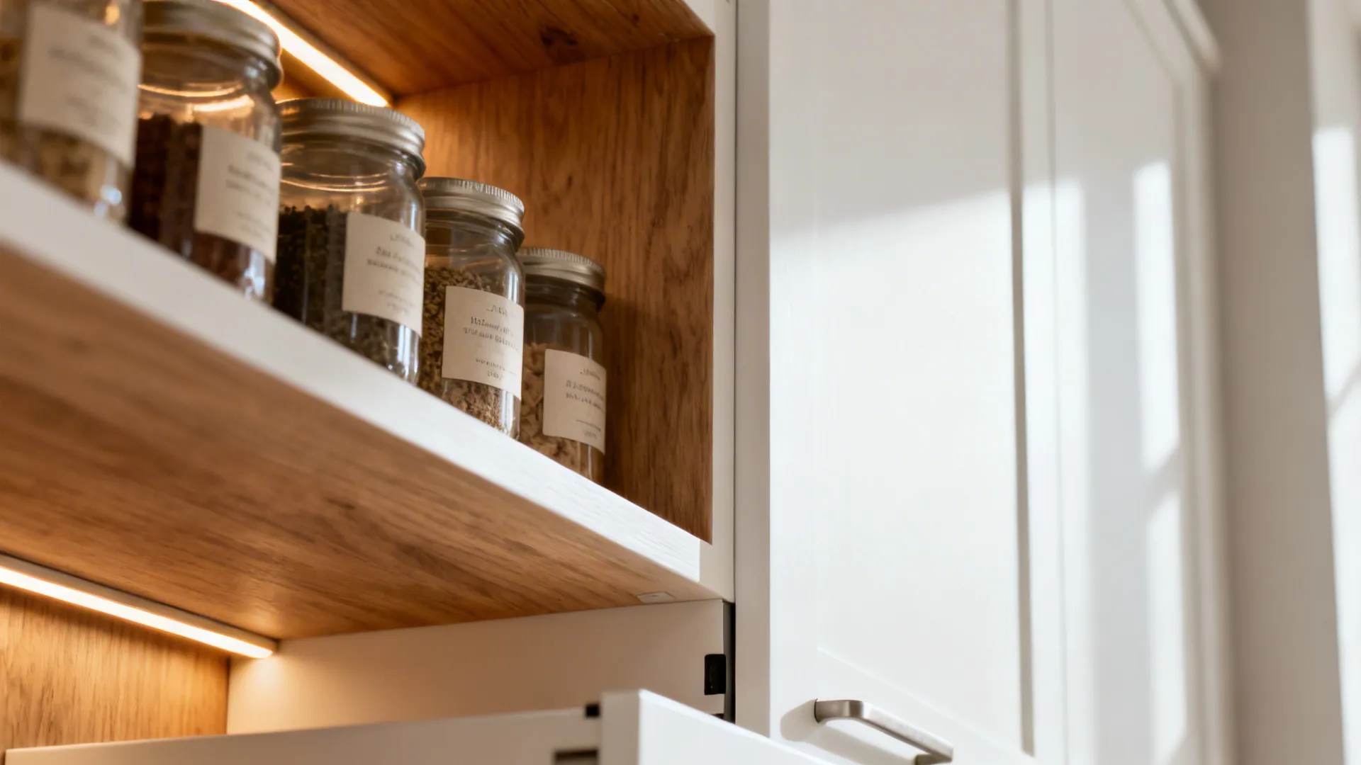 Macro of a tidy pantry shelf with warm lighting and minimalist finishes.