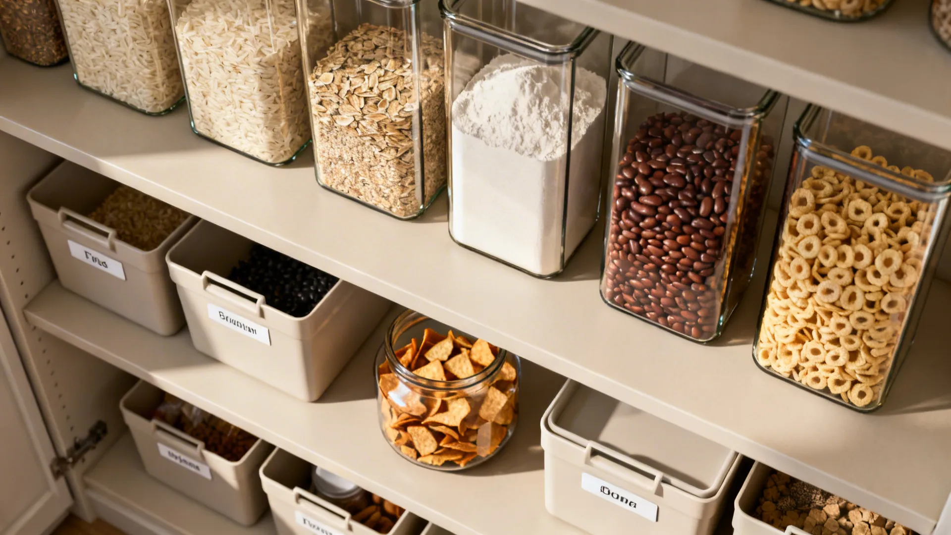 Kitchen pantry shelf organized with clear glass jars and labeled storage bins for food storage items