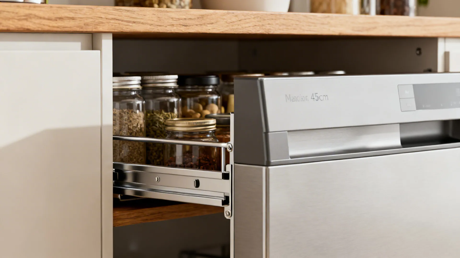 Pull out kitchen drawer with glass spice jars next to a silver metal modern dishwasher