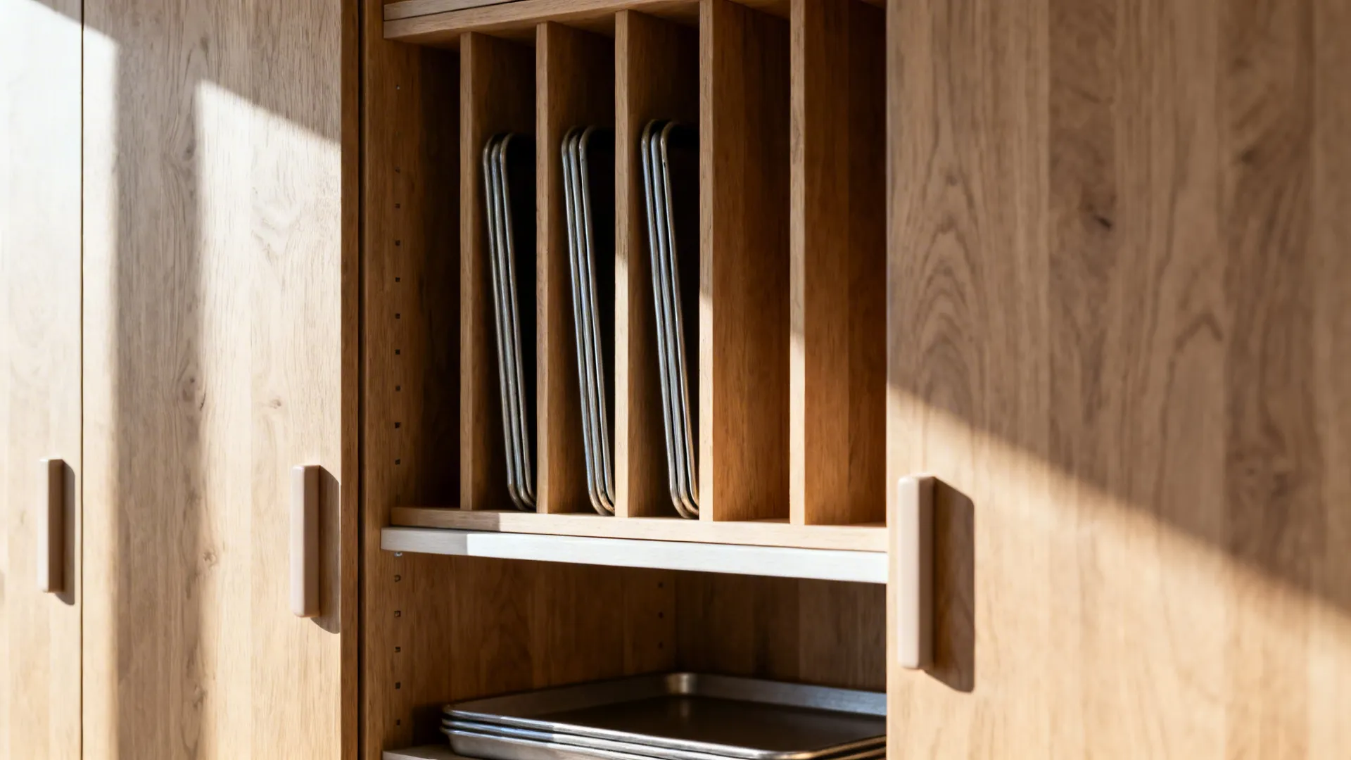 Wooden kitchen cabinet with vertical dividers holding metal baking trays under bright natural morning sunlight