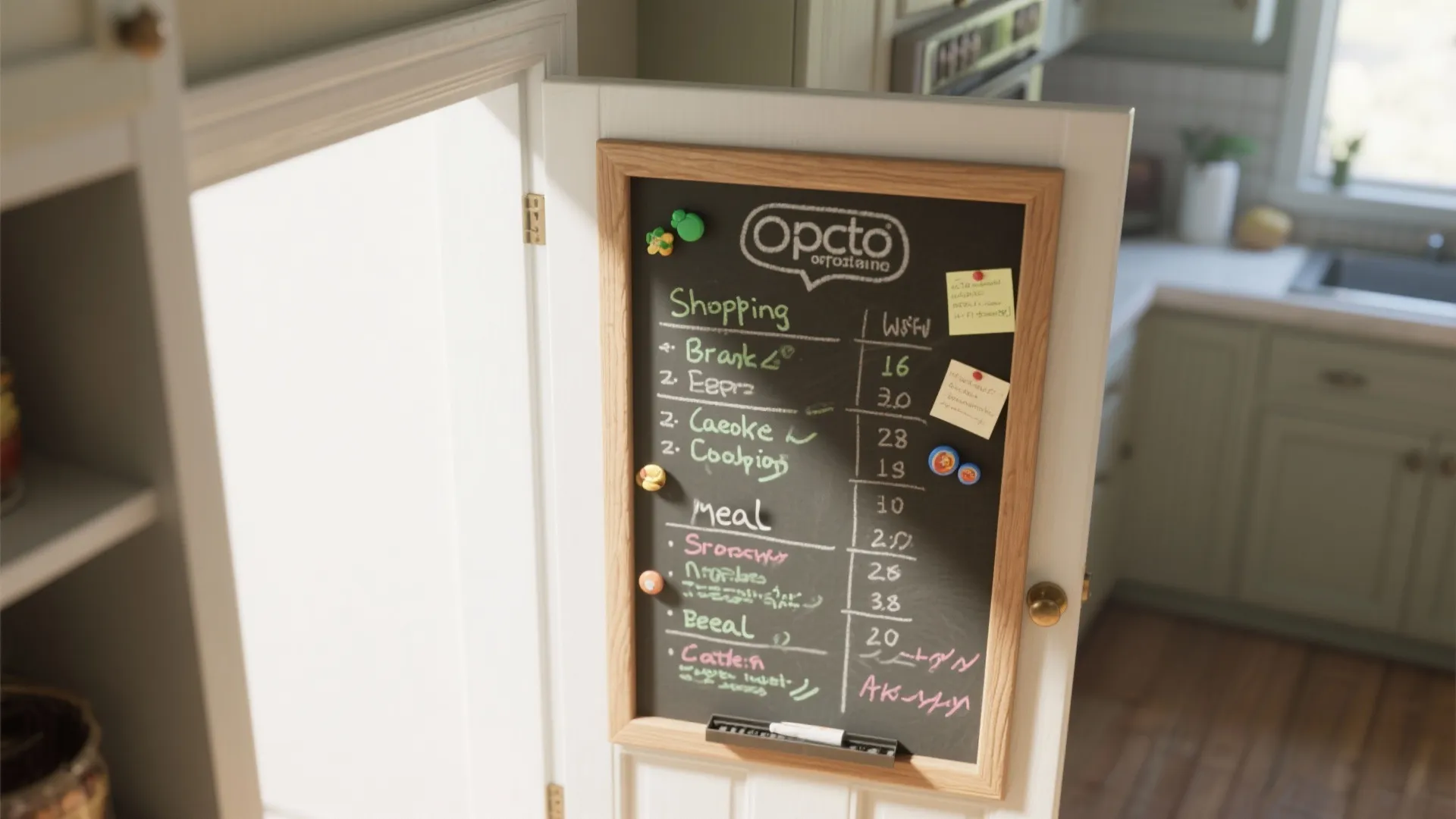 Kitchen pantry door with small chalkboard showing a shopping list, meal plan, and colorful magnets