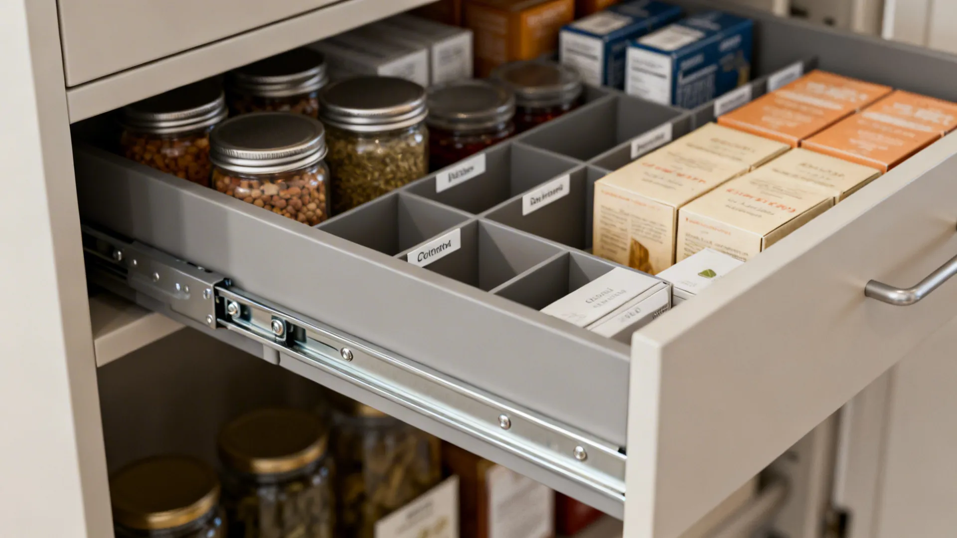 Macro of interior pantry drawers with dividers and soft-close hardware.