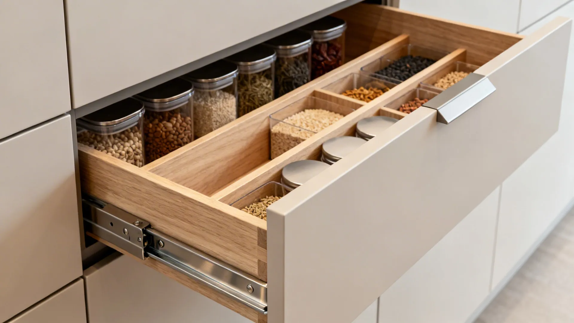 Macro of a tall pantry with organized internal drawers and oak dividers.