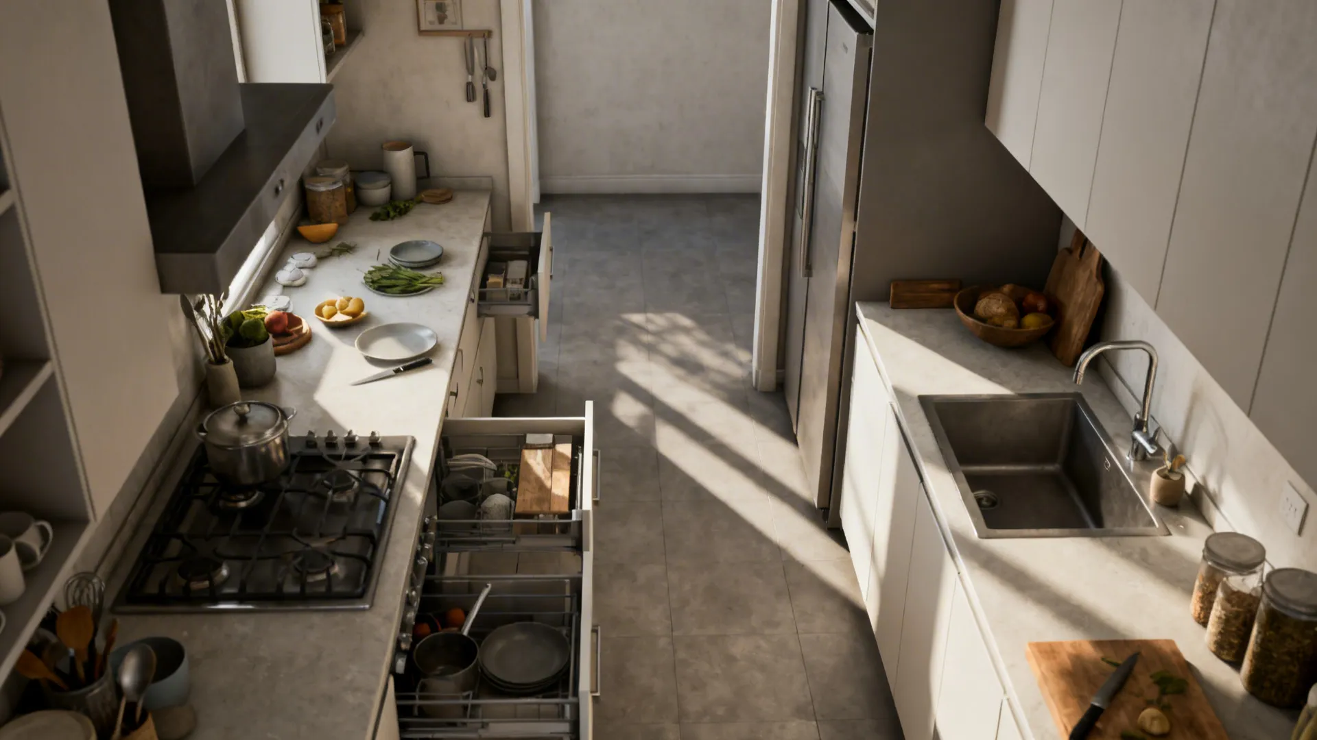 Top-down view mapping base drawers and a tall pantry while maintaining a clear galley walkway.