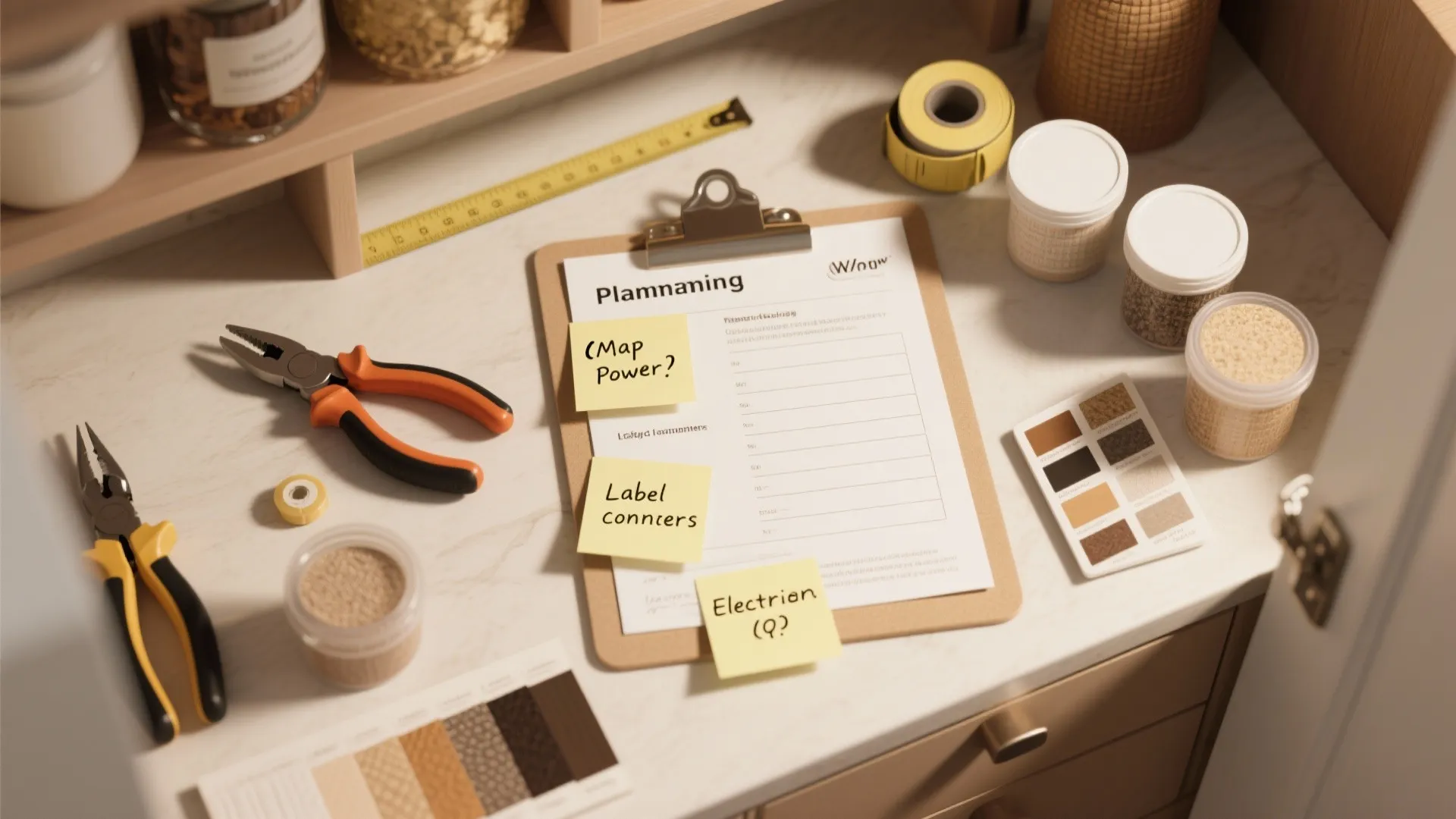 Interior design planning desk with clipboard sticky notes pliers ruler color swatches and storage jars
