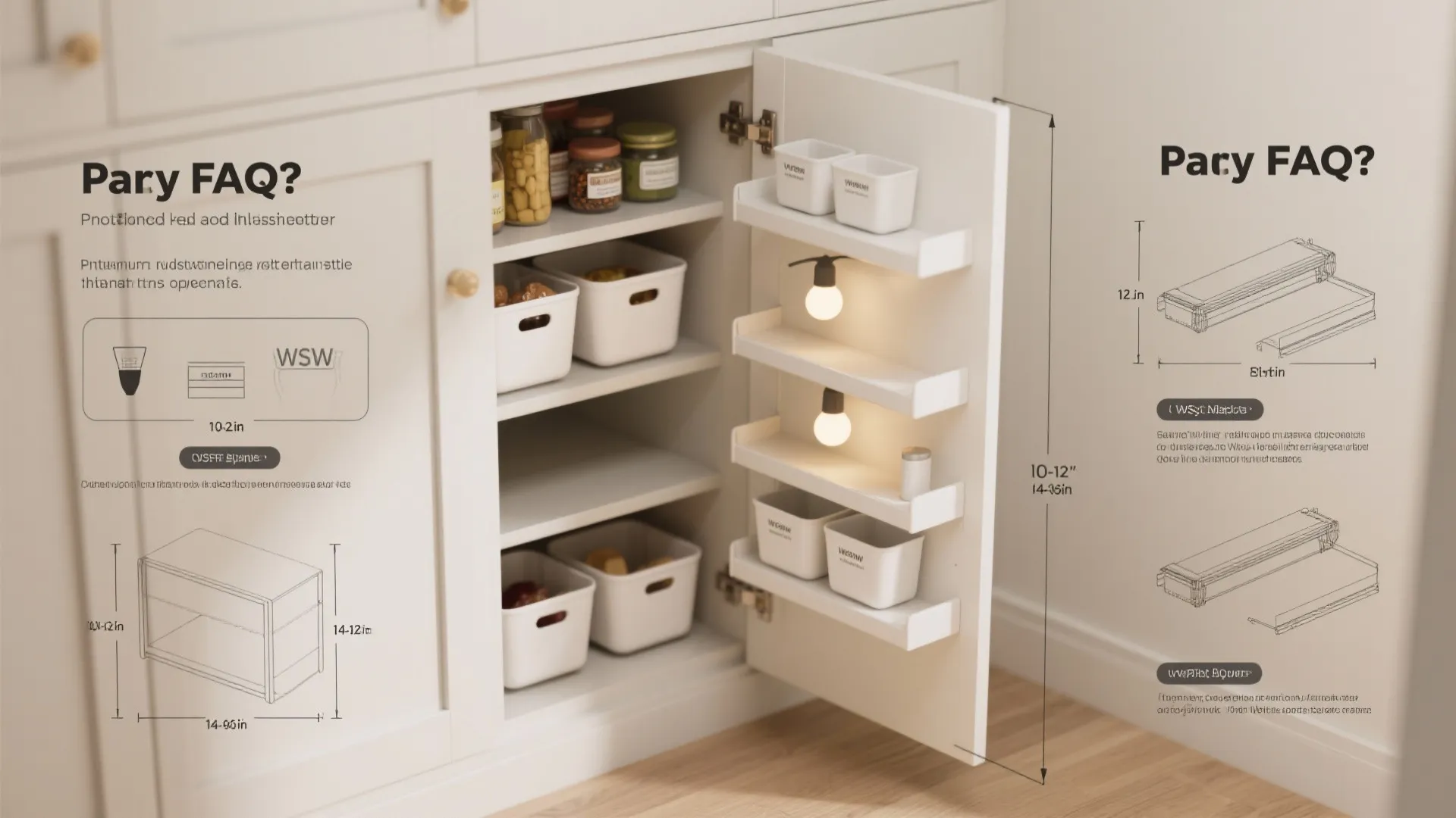 Kitchen cabinet organization showing open door with storage bins and technical dimensions for pantry layout design