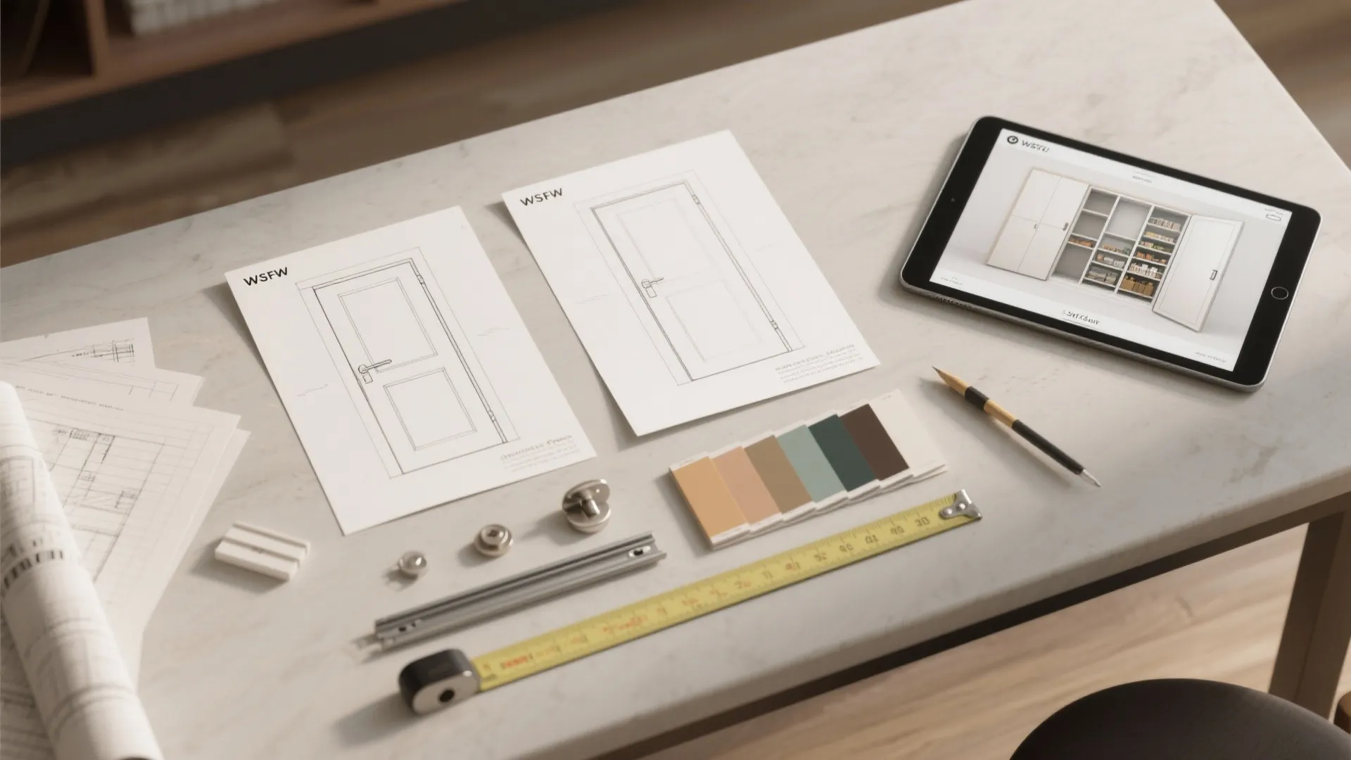 Interior design drawing with door sketches color samples tape measure and tablet on marble table