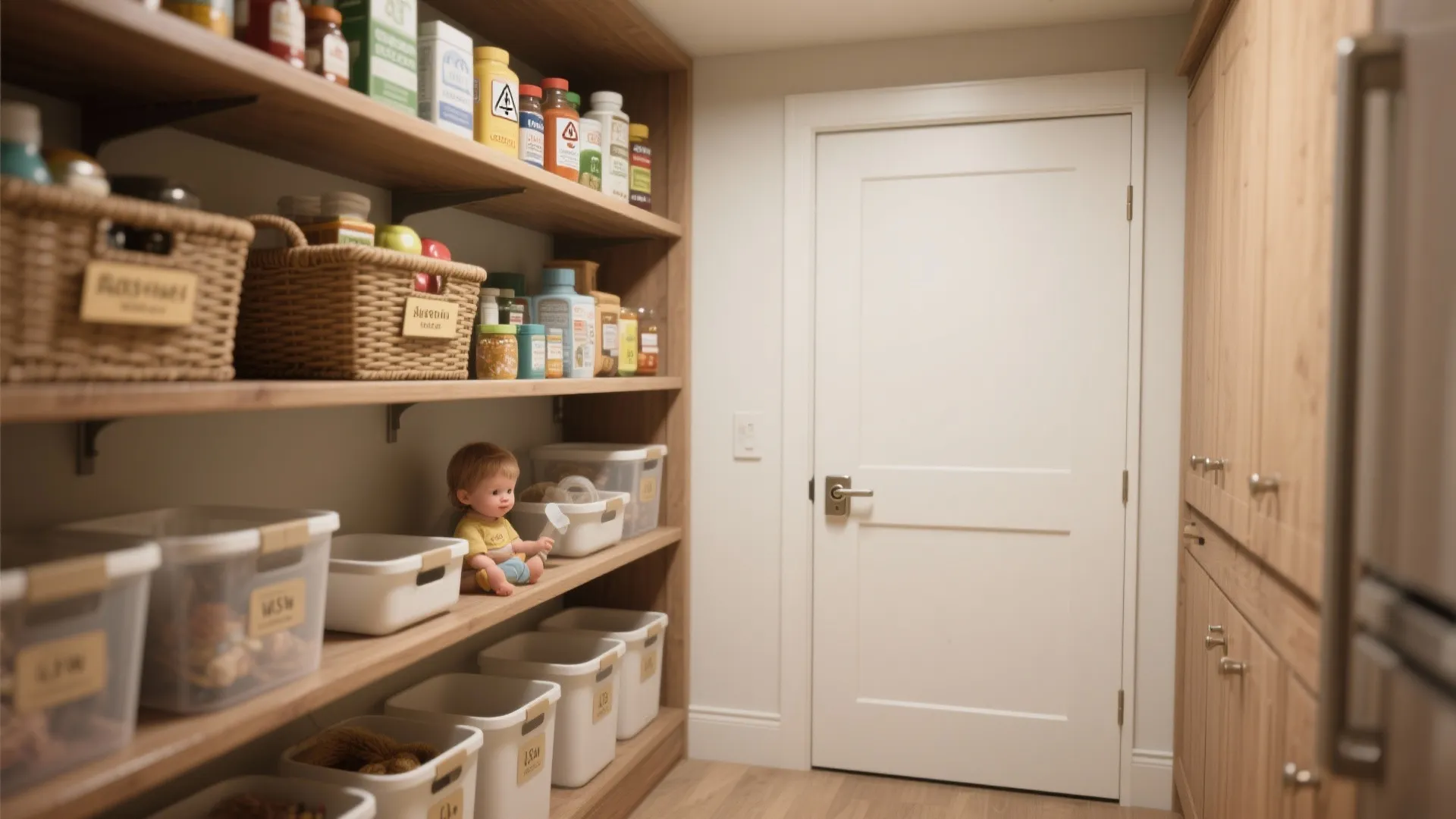 Walk-in pantry room layout with wooden shelves containing baskets plastic bins and various food items