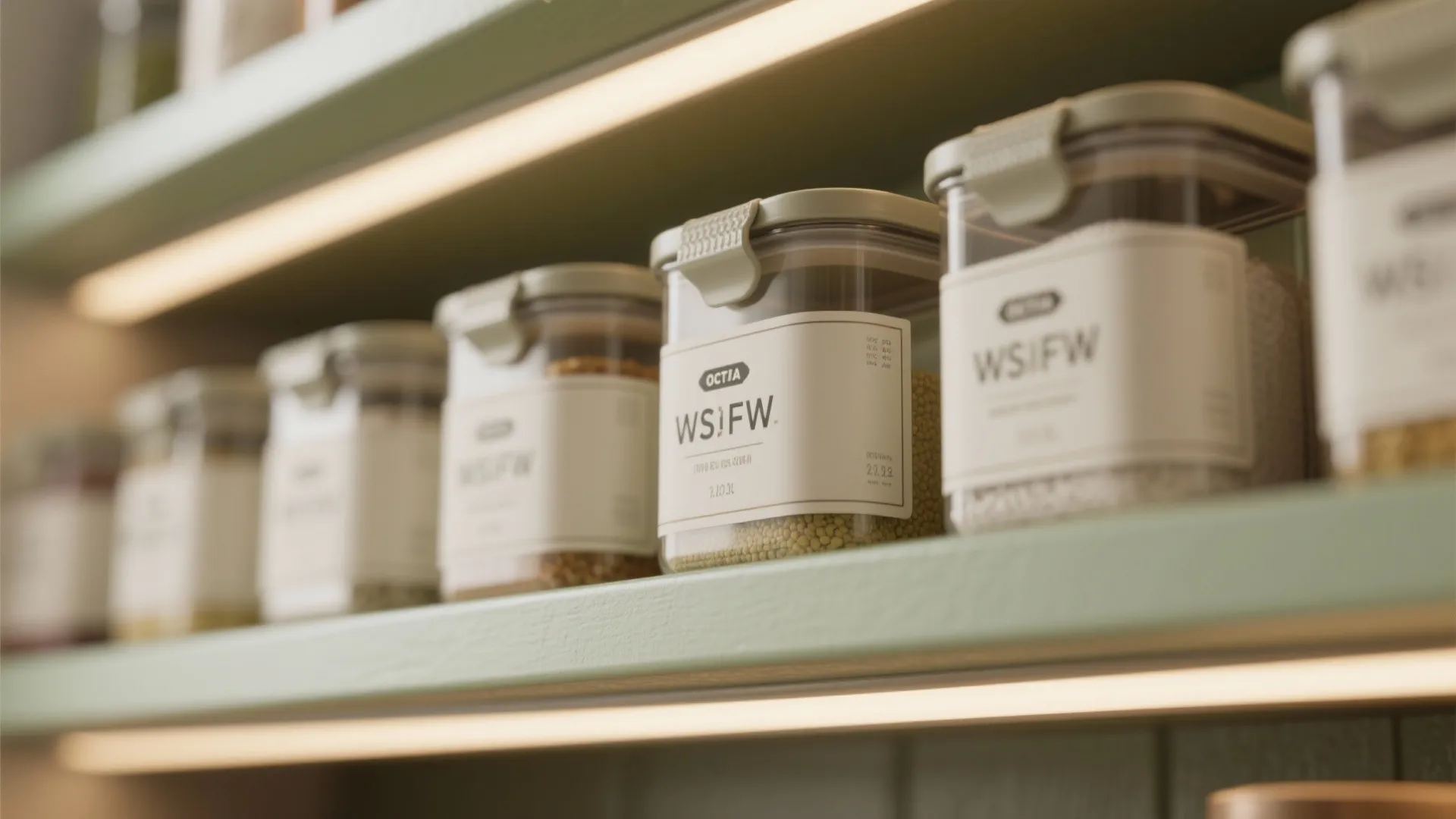 Clear plastic food storage containers with labels sitting on a green shelf with bright light