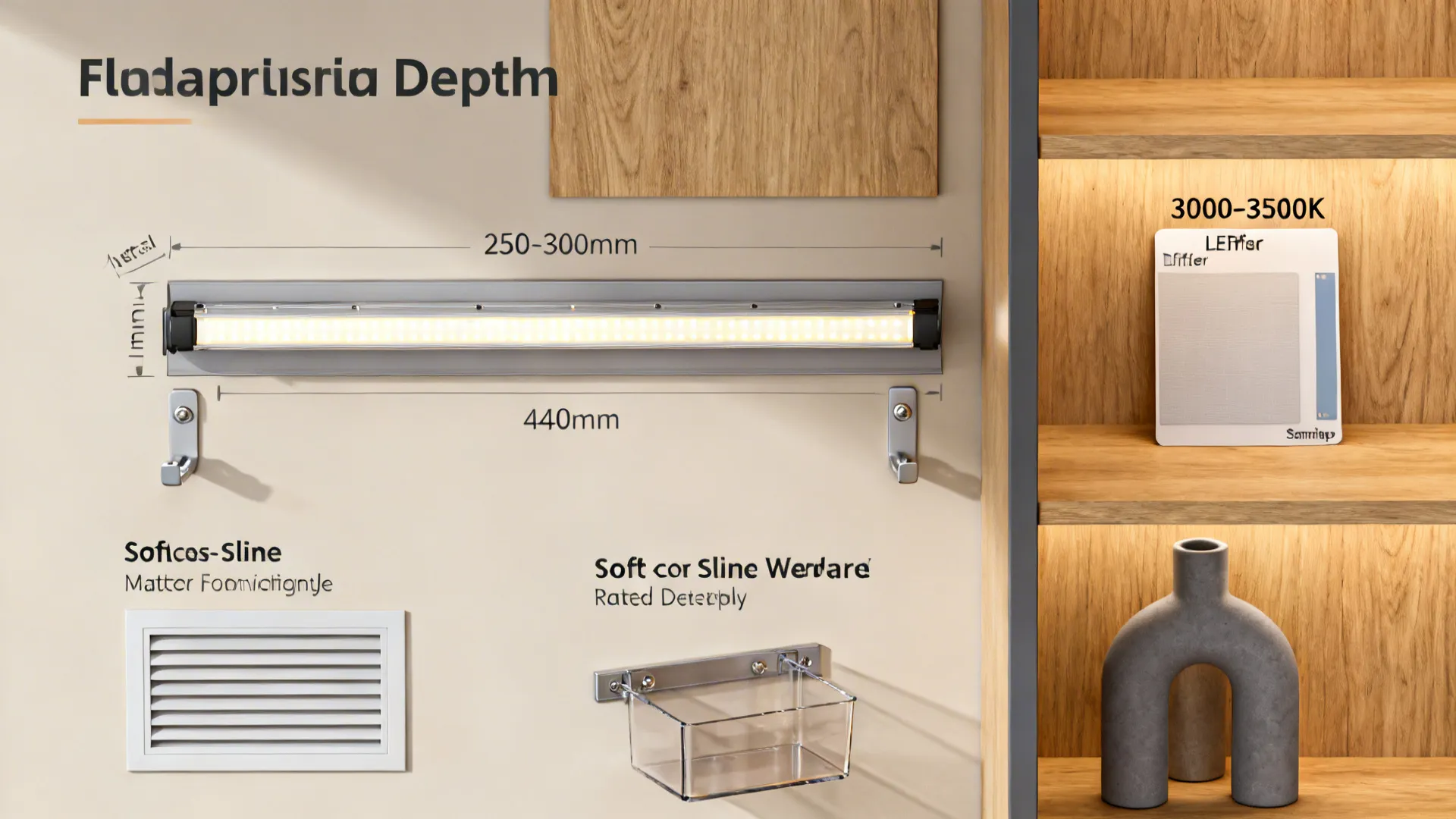 Flat lay of pantry planning tools: depth rulers, LED strip, slides, ventilation panel, and clear bins.