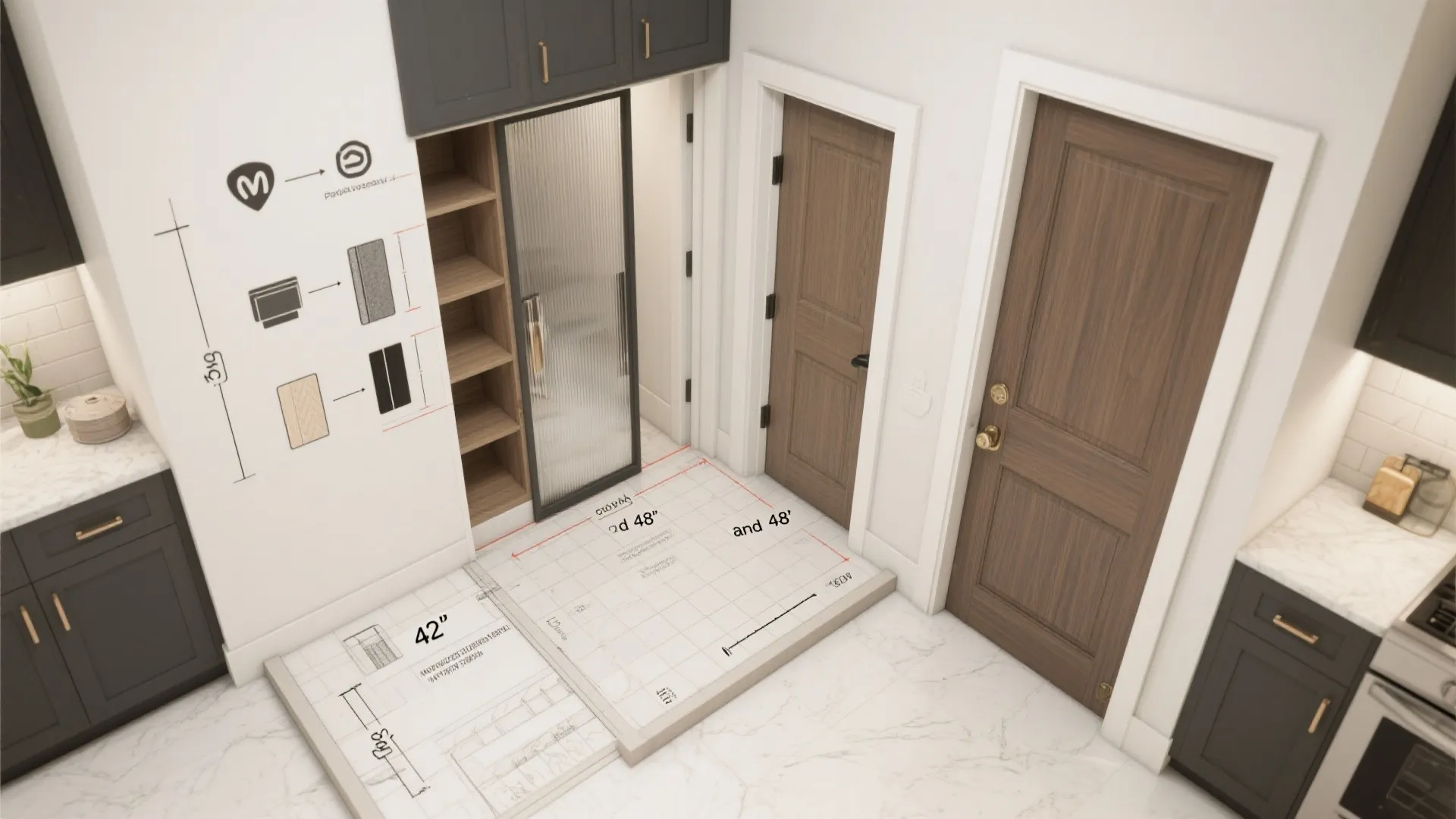 Interior design drawing showing room layout with dimensions for cabinets and wooden doors in software