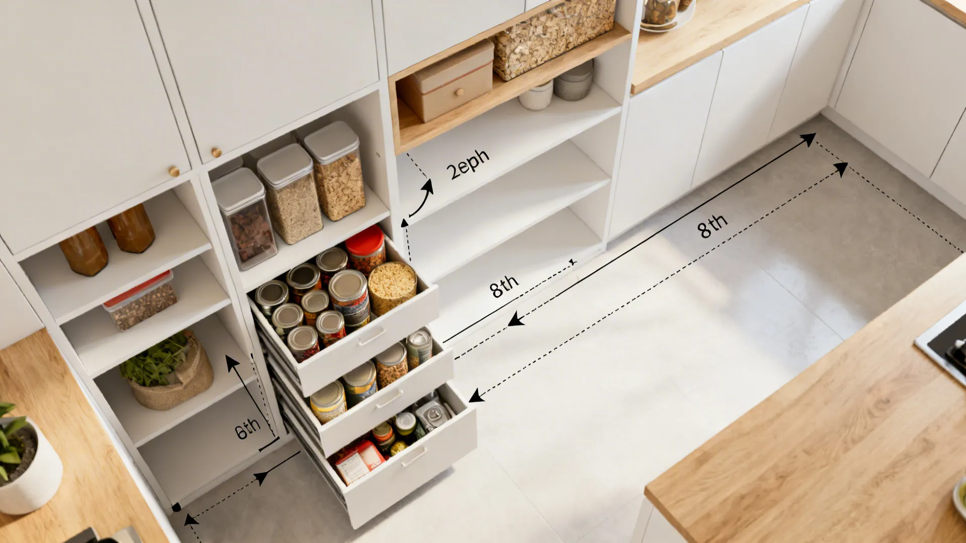 Top-down planning view showing shallow shelves, drawer stack, and ceiling-height storage zones.