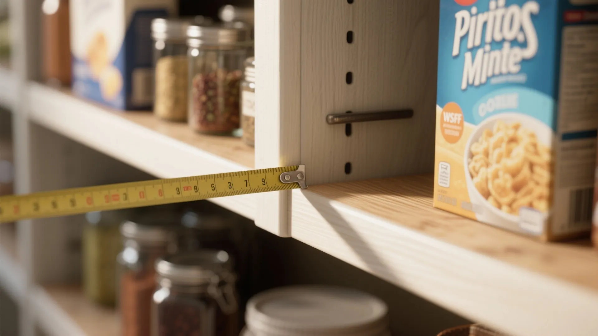 Measuring wood kitchen cabinet shelves with yellow tape measure for accurate storage layout and organization