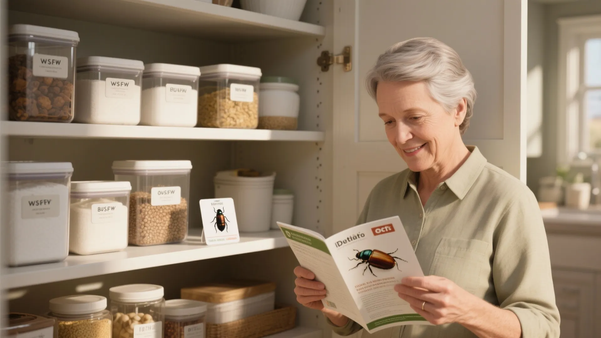 Smiling woman reading a bug guide while standing next to kitchen cabinet shelves with food jars