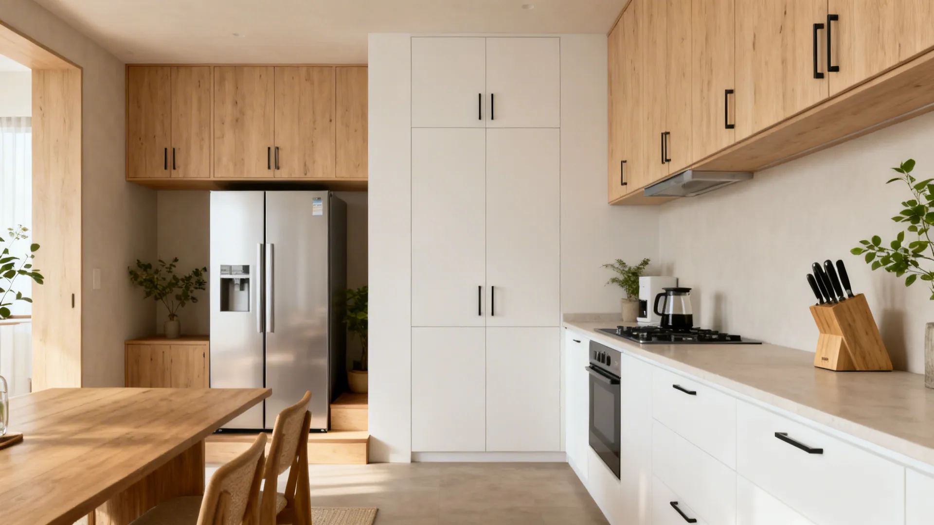 Minimalist pantry wall dominates the compact kitchen while the fridge sits in the adjacent dining nook.