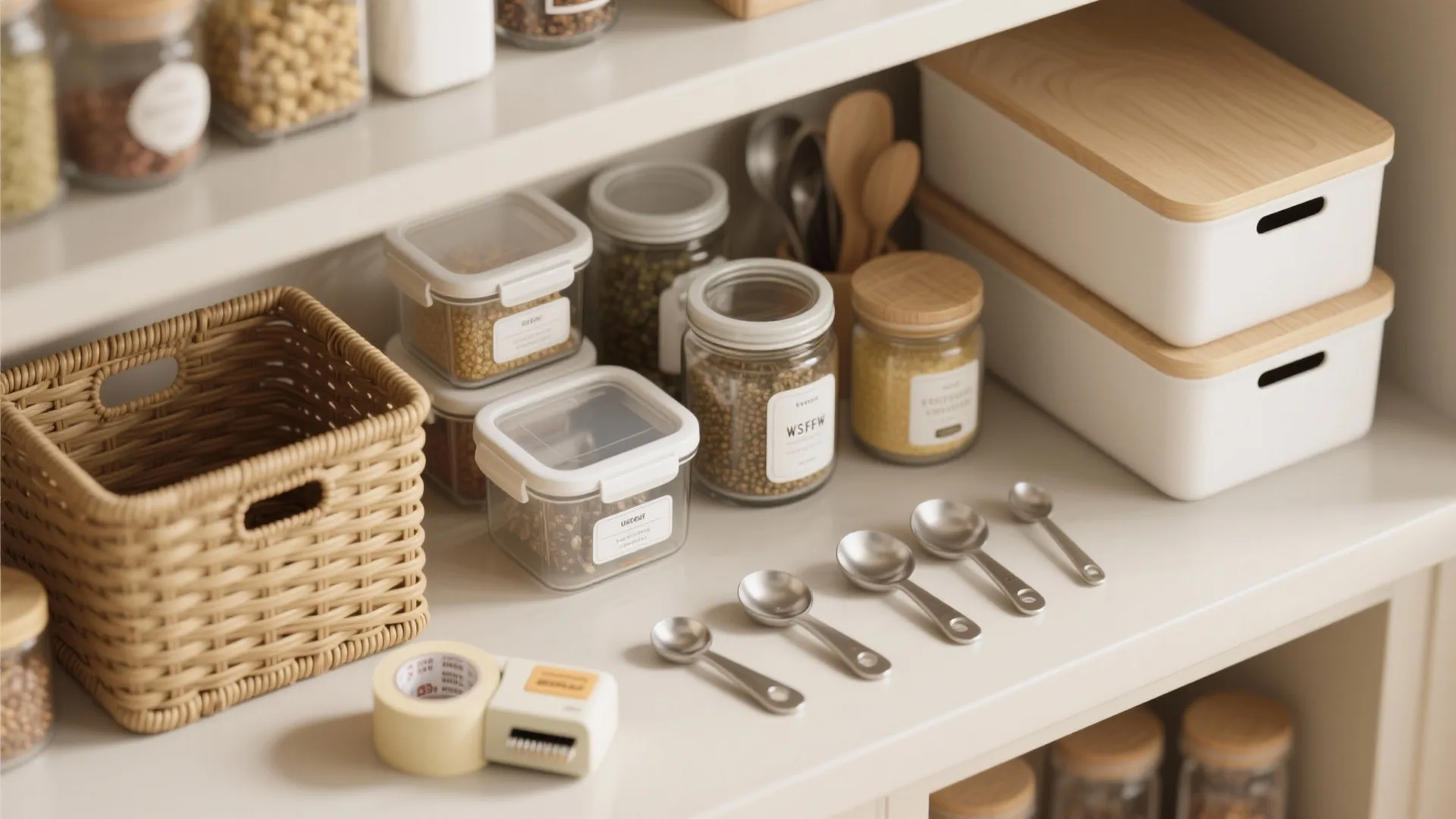 Organized pantry shelf with glass jars, plastic containers, woven basket, measuring spoons and storage boxes